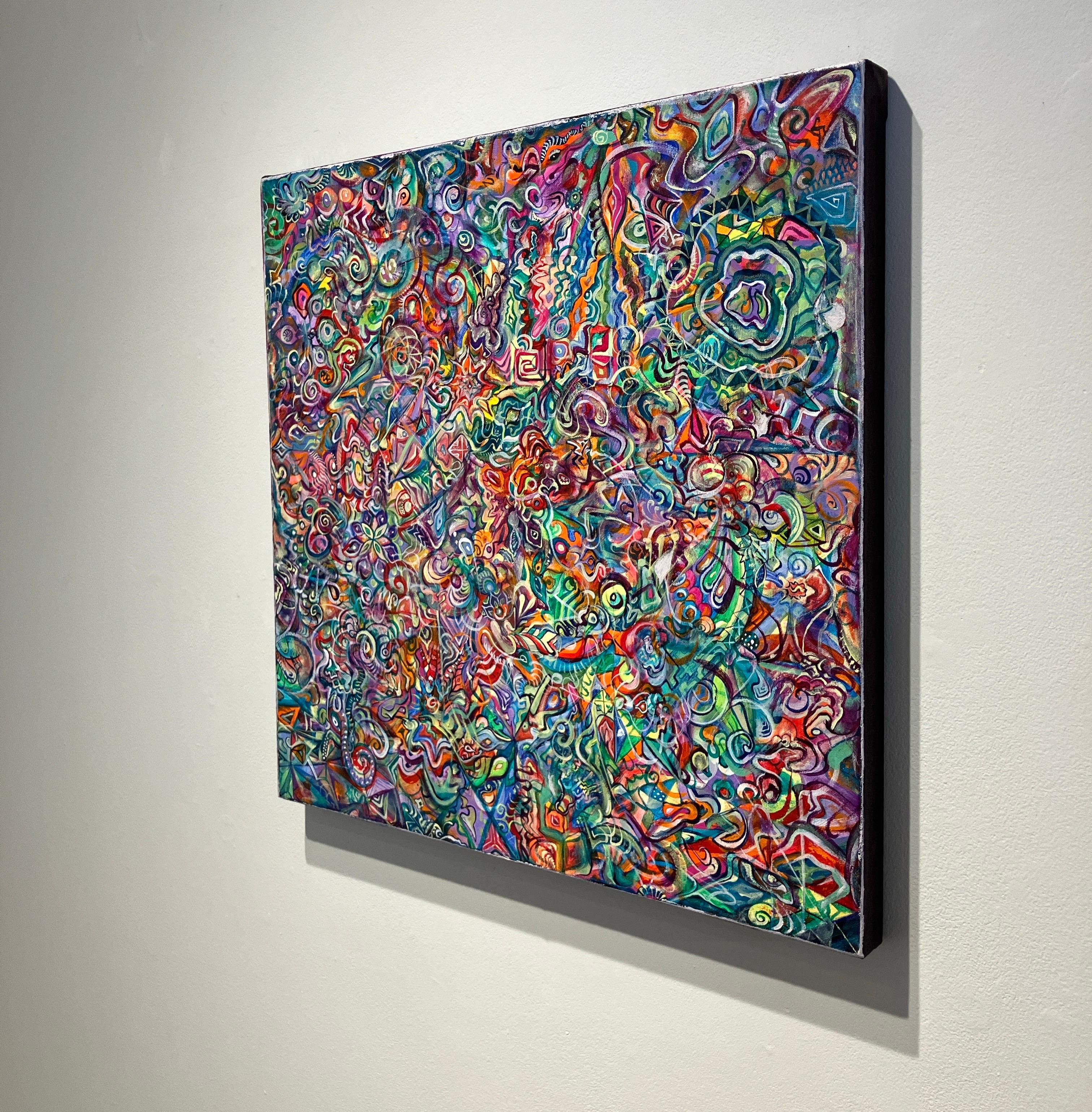 Peinture abstraite contemporaine à l'acrylique sur toile, motifs psychédéliques, colorés - Contemporain Painting par Ethan Meyer