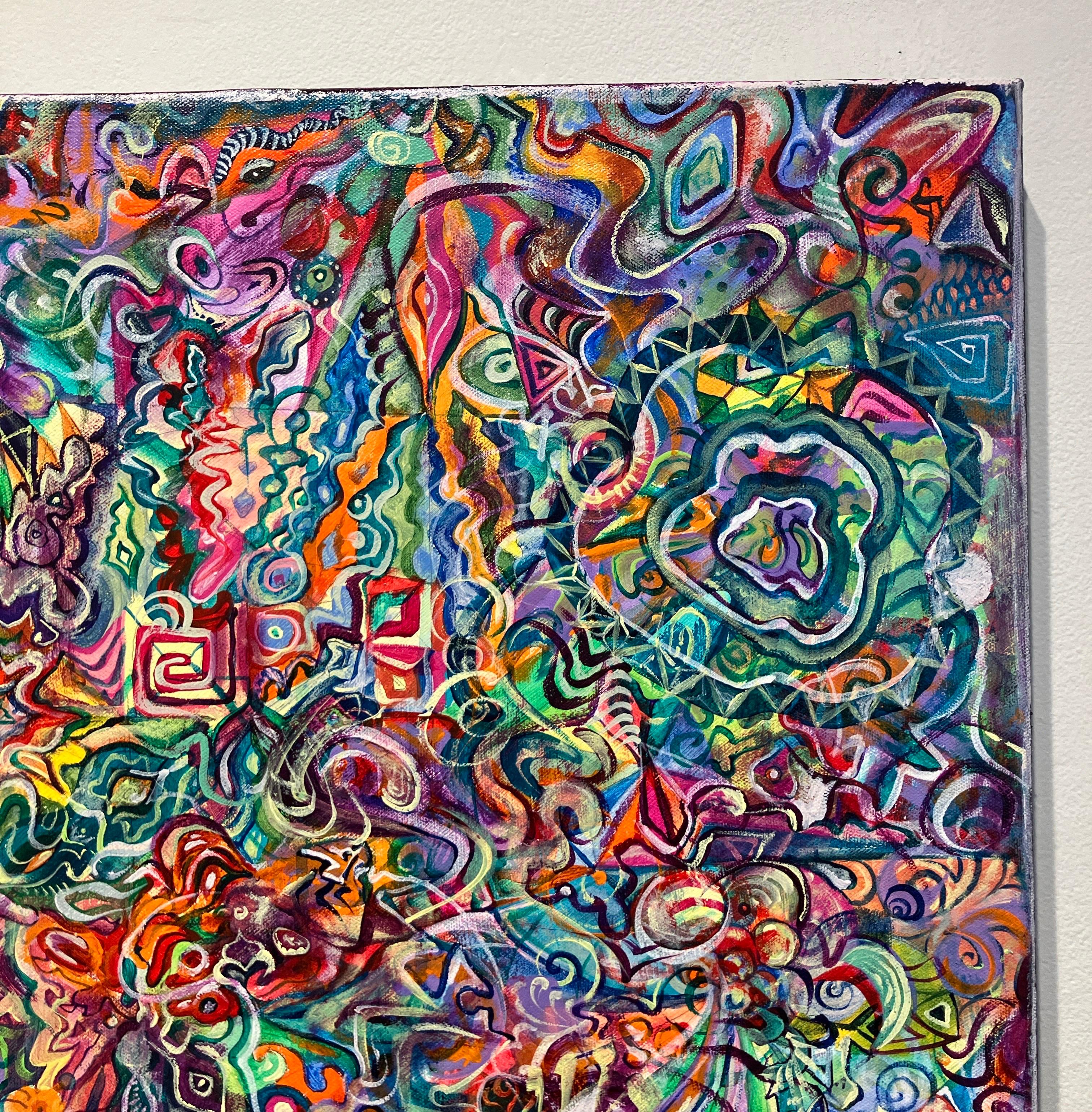 Peinture abstraite contemporaine à l'acrylique sur toile, motifs psychédéliques, colorés - Gris Abstract Painting par Ethan Meyer