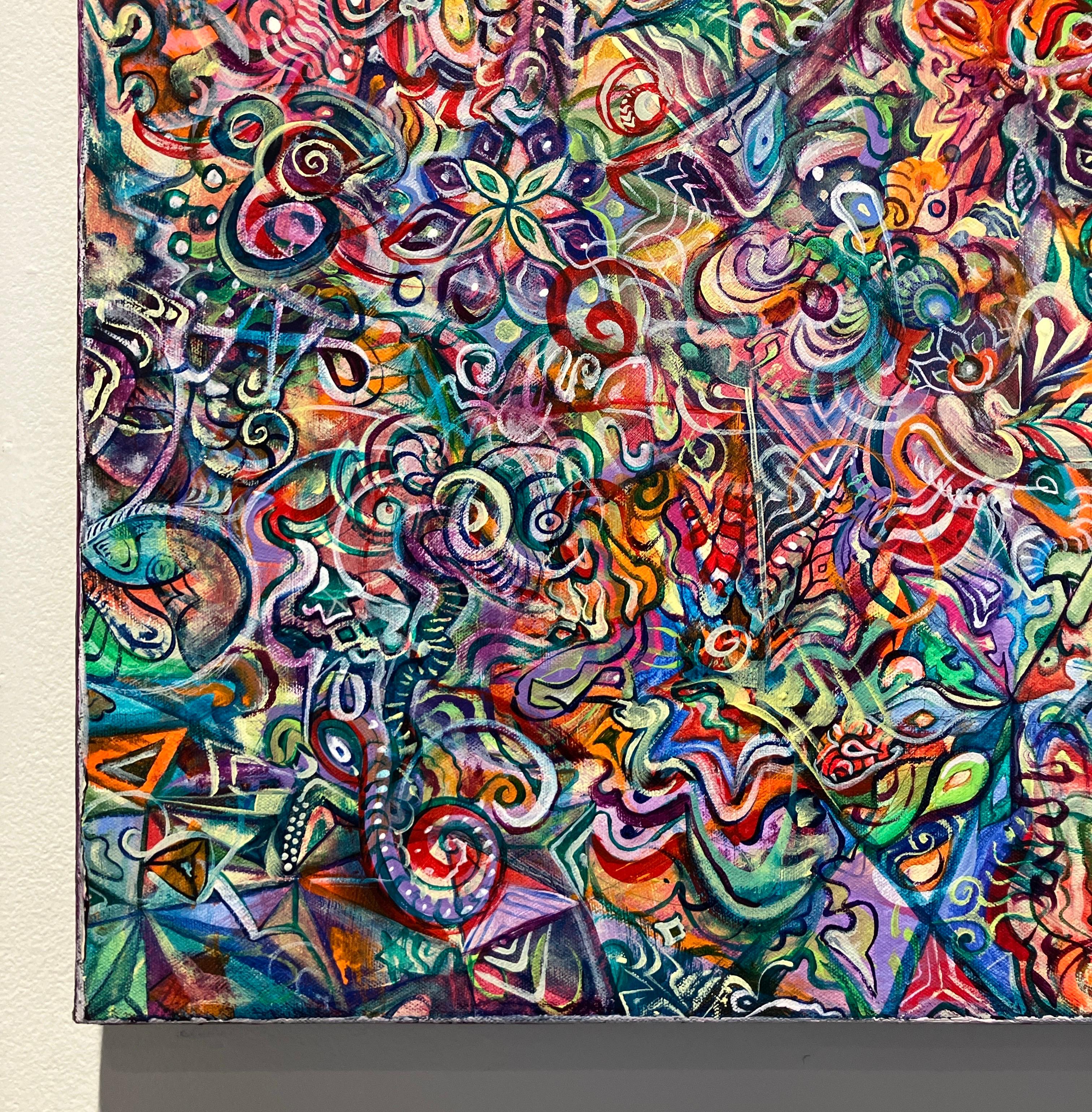 Peinture abstraite contemporaine à l'acrylique sur toile, motifs psychédéliques, colorés en vente 1