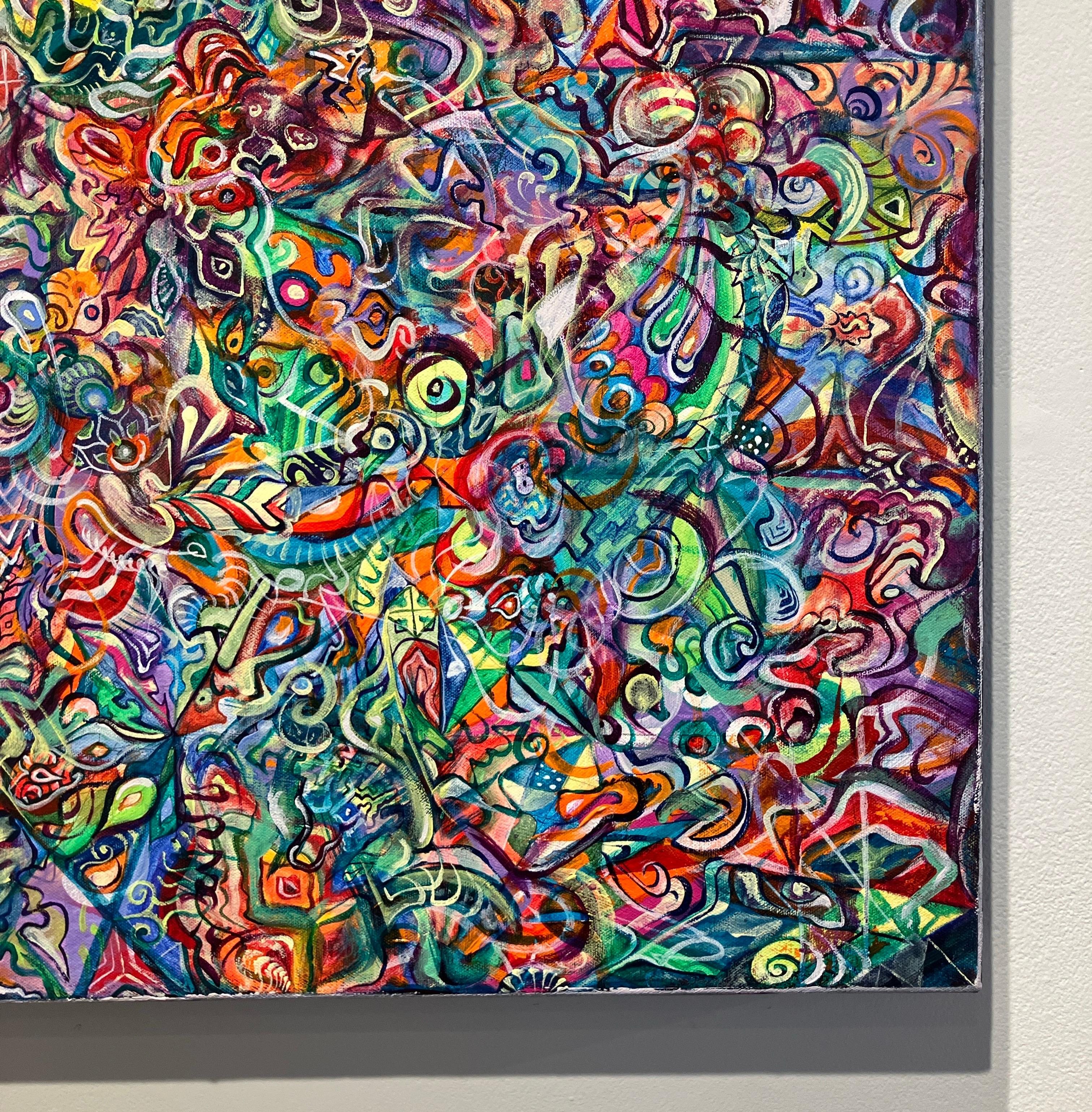 Peinture abstraite contemporaine à l'acrylique sur toile, motifs psychédéliques, colorés en vente 2