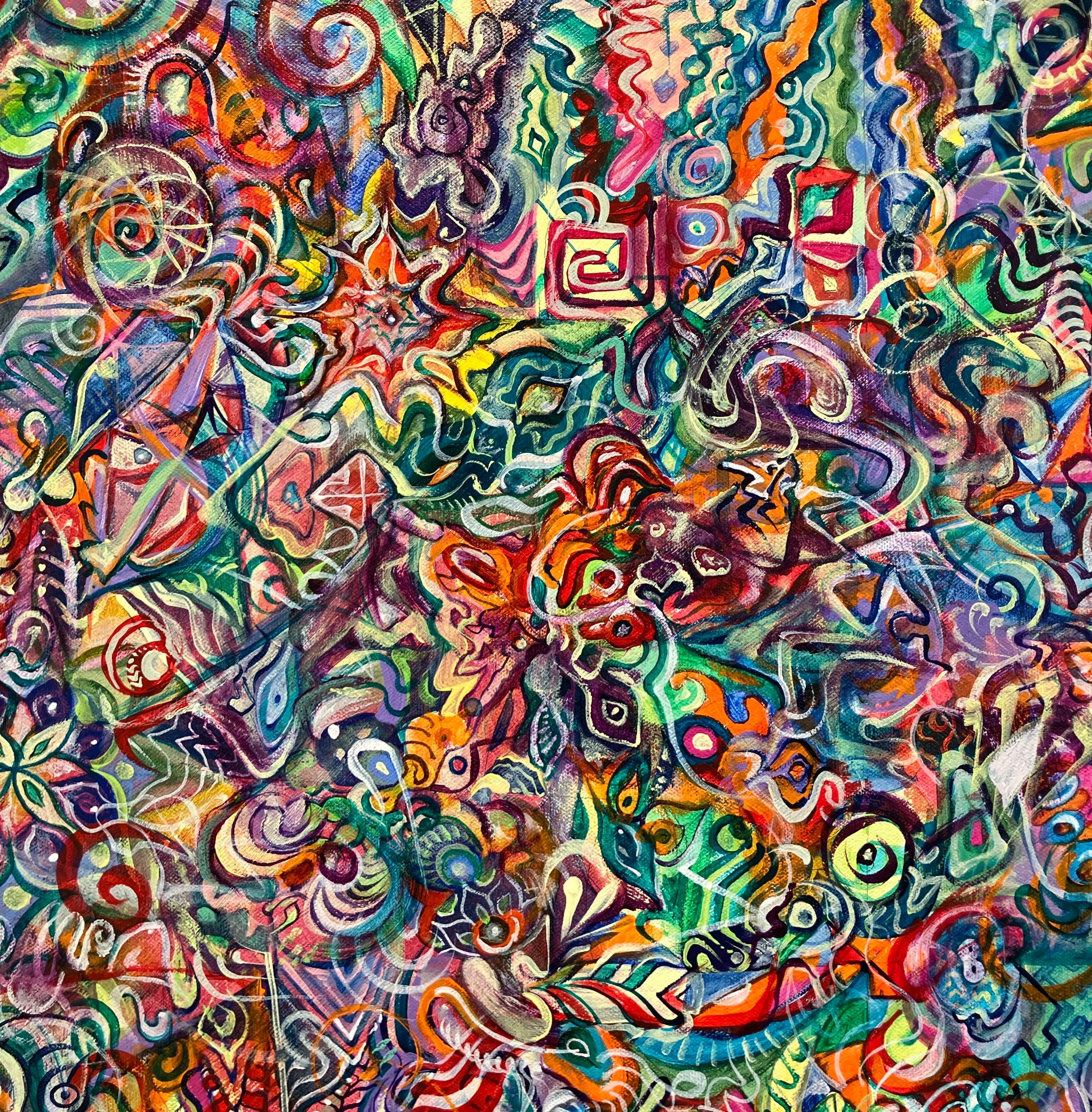 Peinture abstraite contemporaine à l'acrylique sur toile, motifs psychédéliques, colorés en vente 3