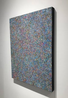 Peinture acrylique psychédélique contemporaine sur tissu, colorée, géométrique, trippante