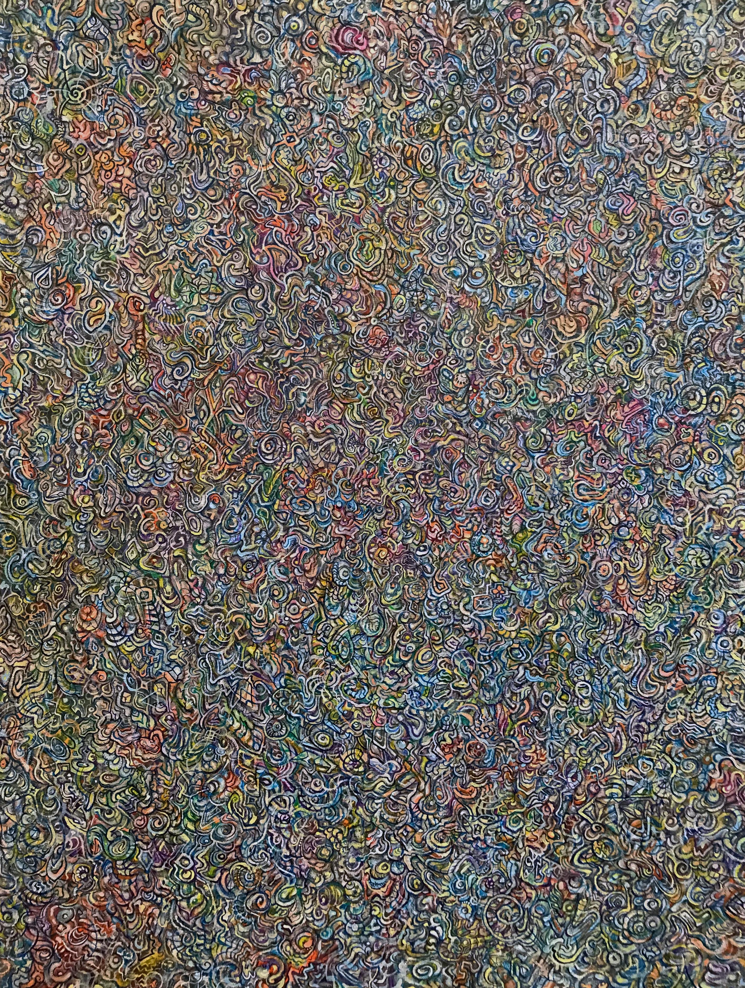Contemporary Psychedelic Acrylic Painting on Fabric, Colorful, Geometric, Trippy