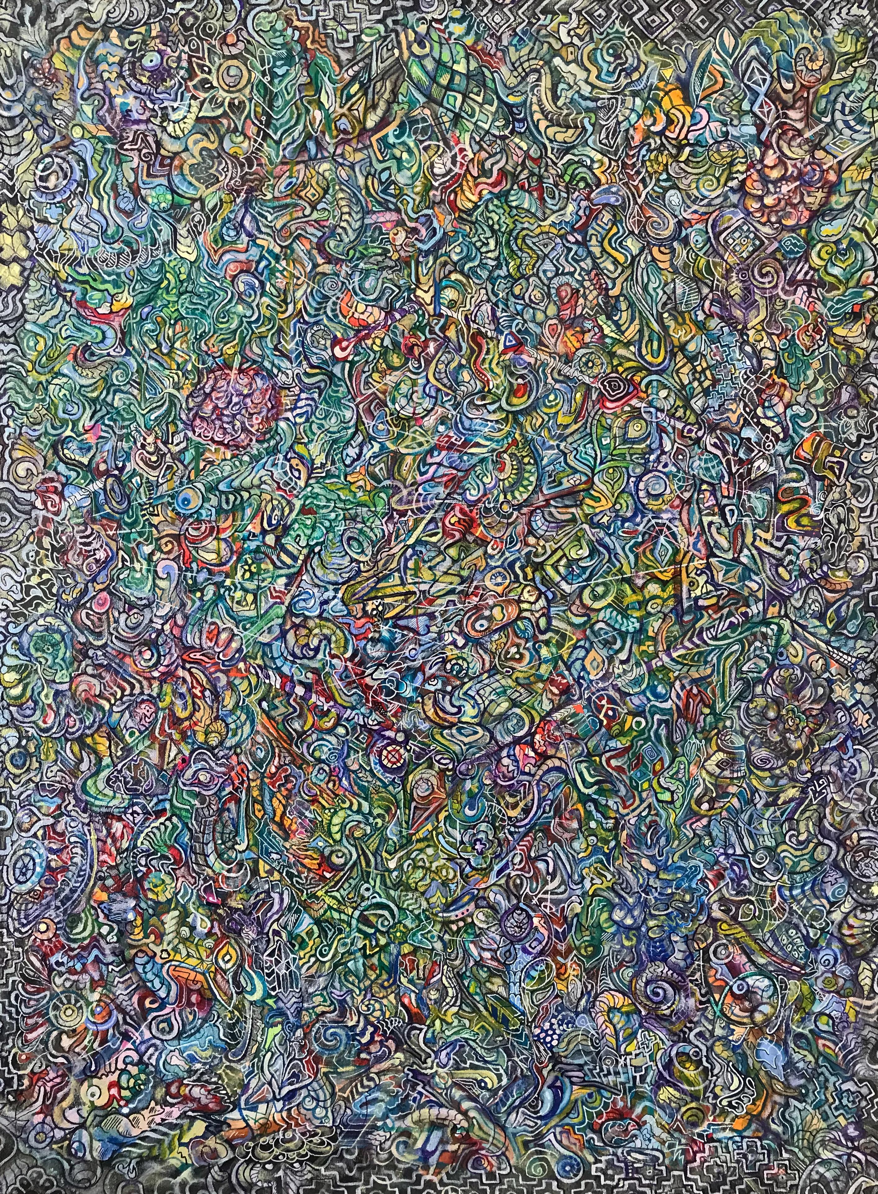 "Kristallisierender Æther", Abstrakte Acrylmalerei auf Leinwand, farbenfroh, Patterns