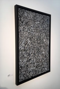 "It Watches", Contemporary Abstract Painting in Black and White on Canvas Framed