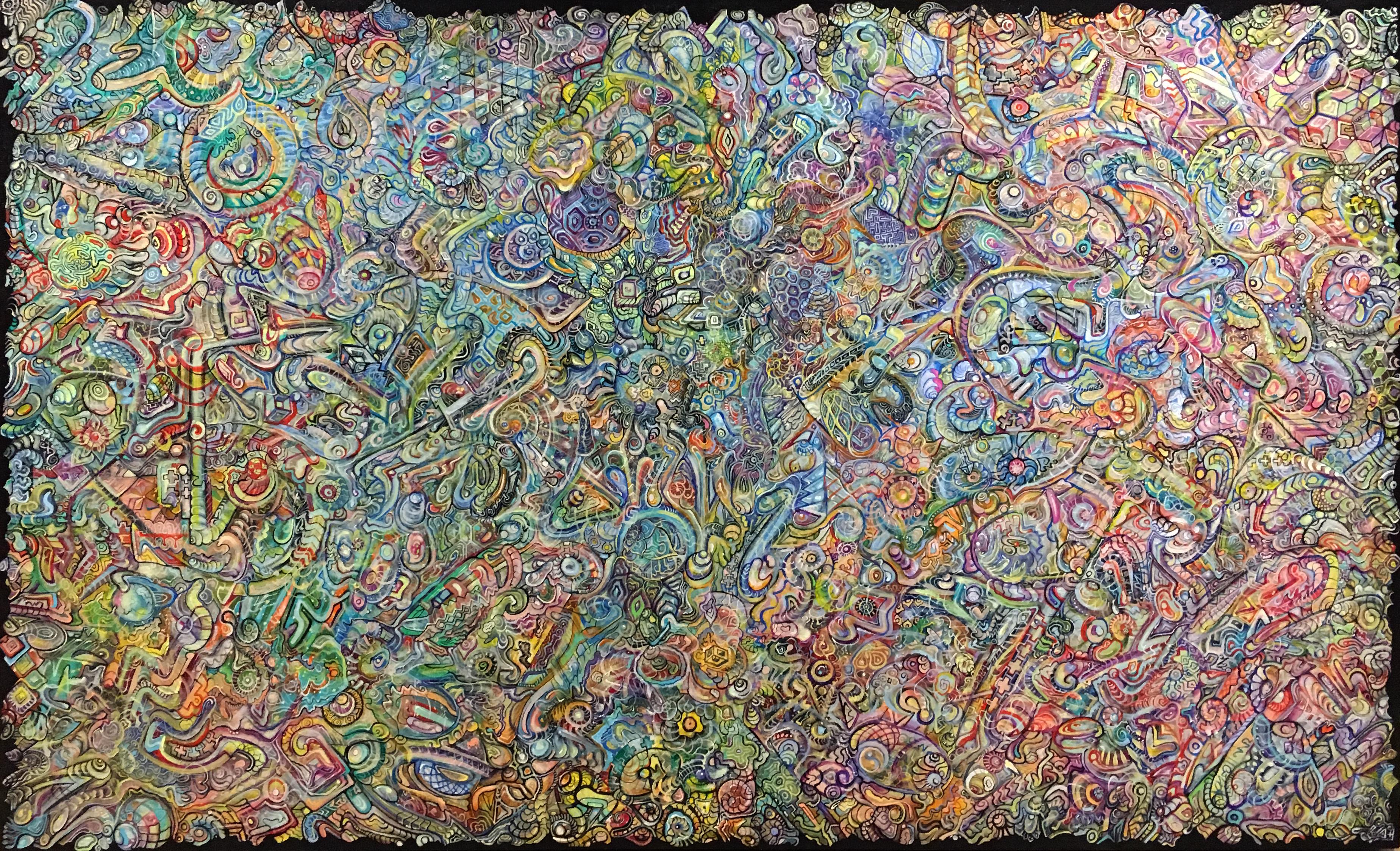 Ethan Meyer, pittore e scultore a tecnica mista di St. Louis, crea composizioni intricate e ipnotiche che fondono forme organiche e geometriche, evocando un senso di movimento e trasformazione. Il suo lavoro, radicato in un approccio automatista,