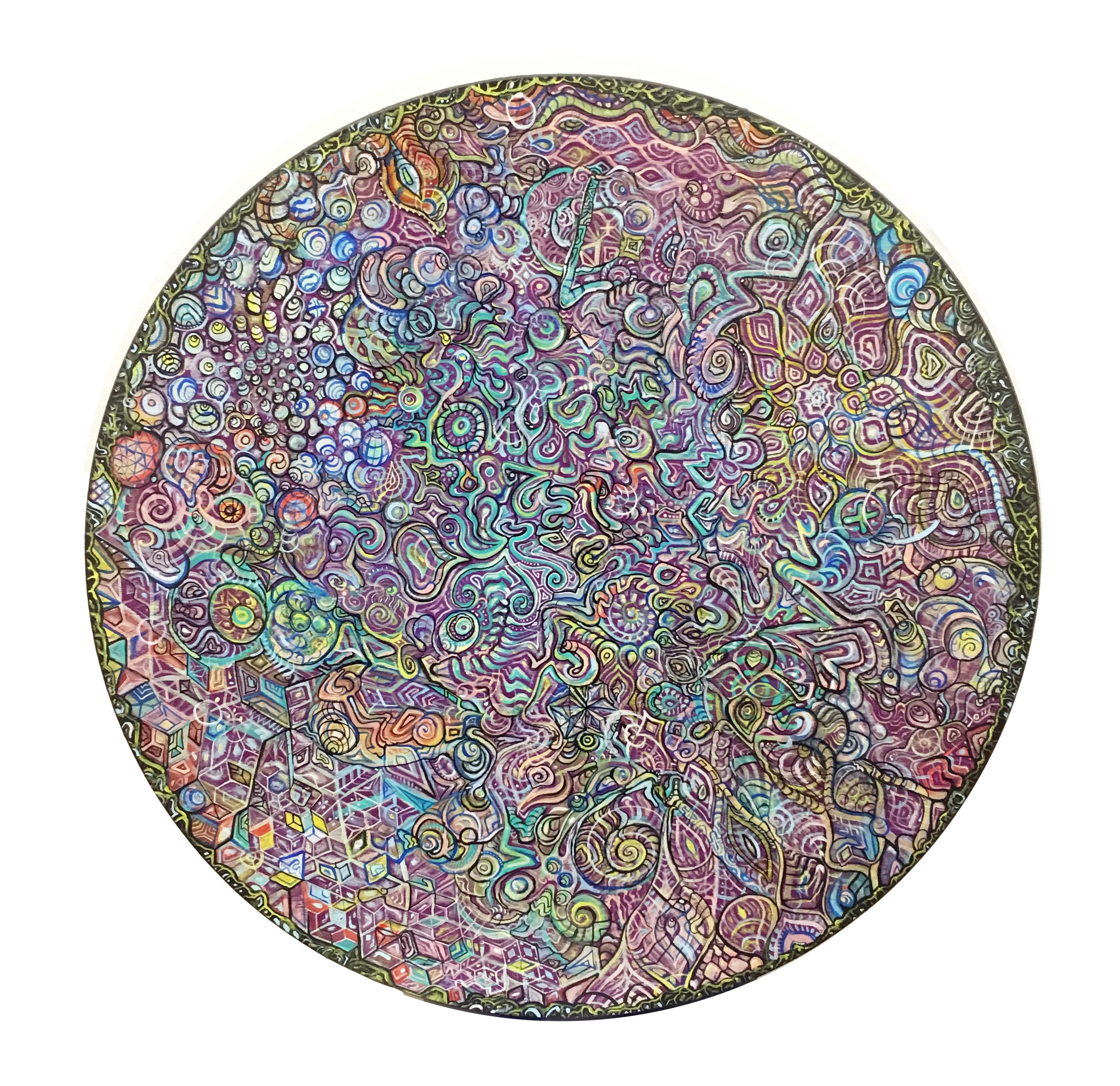 "Sleep Drifter", Pittura acrilica astratta su Wood Tondo, Pino, Montaggio a parete