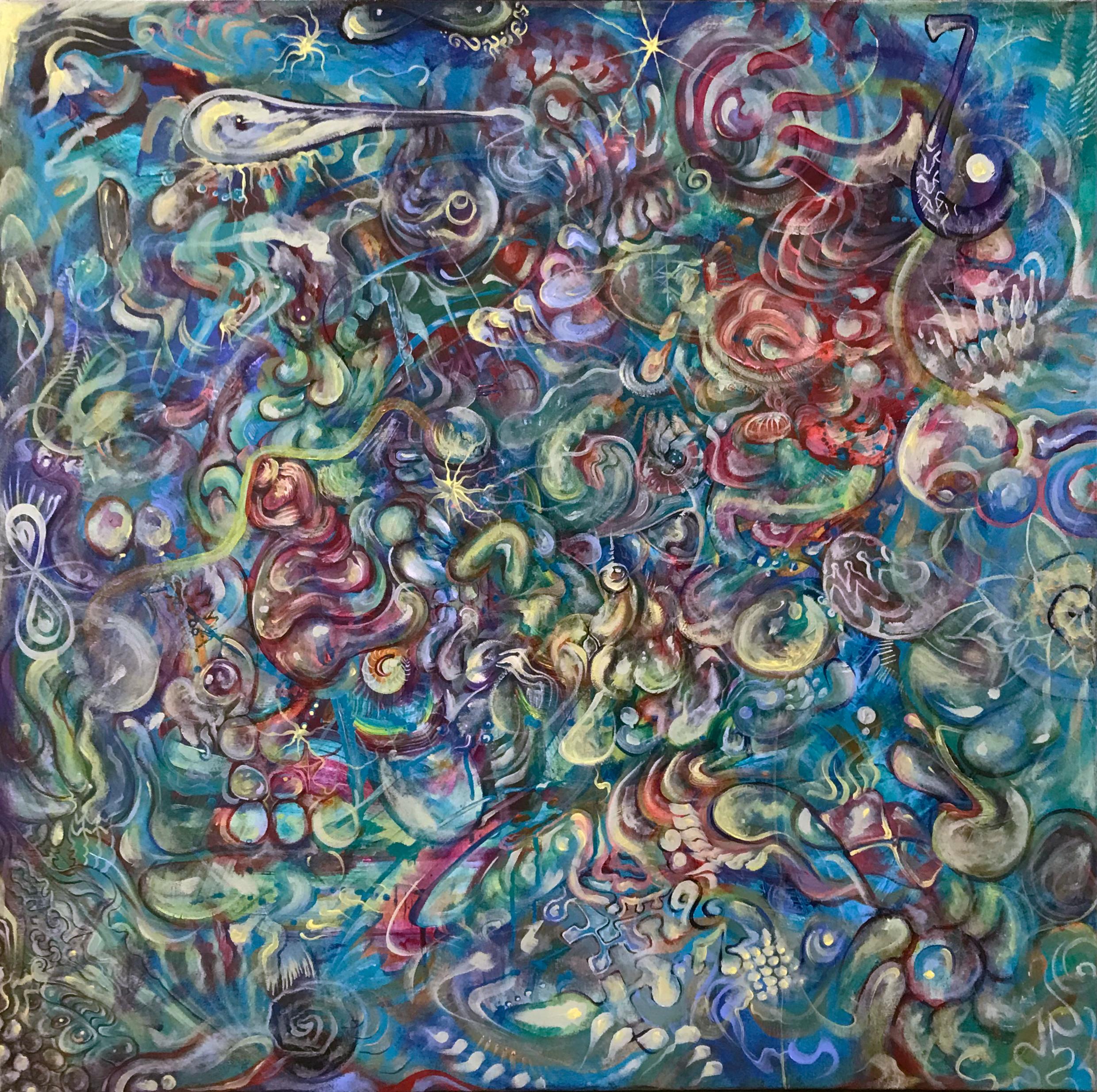 Abstract Painting Ethan Meyer - « Le nuage d'inconnu », peinture abstraite sur toile, acrylique, colorée