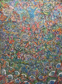 "Der Gott, der verschlingt", farbenfrohes geometrisches abstraktes Gemälde, Acryl auf Leinwand