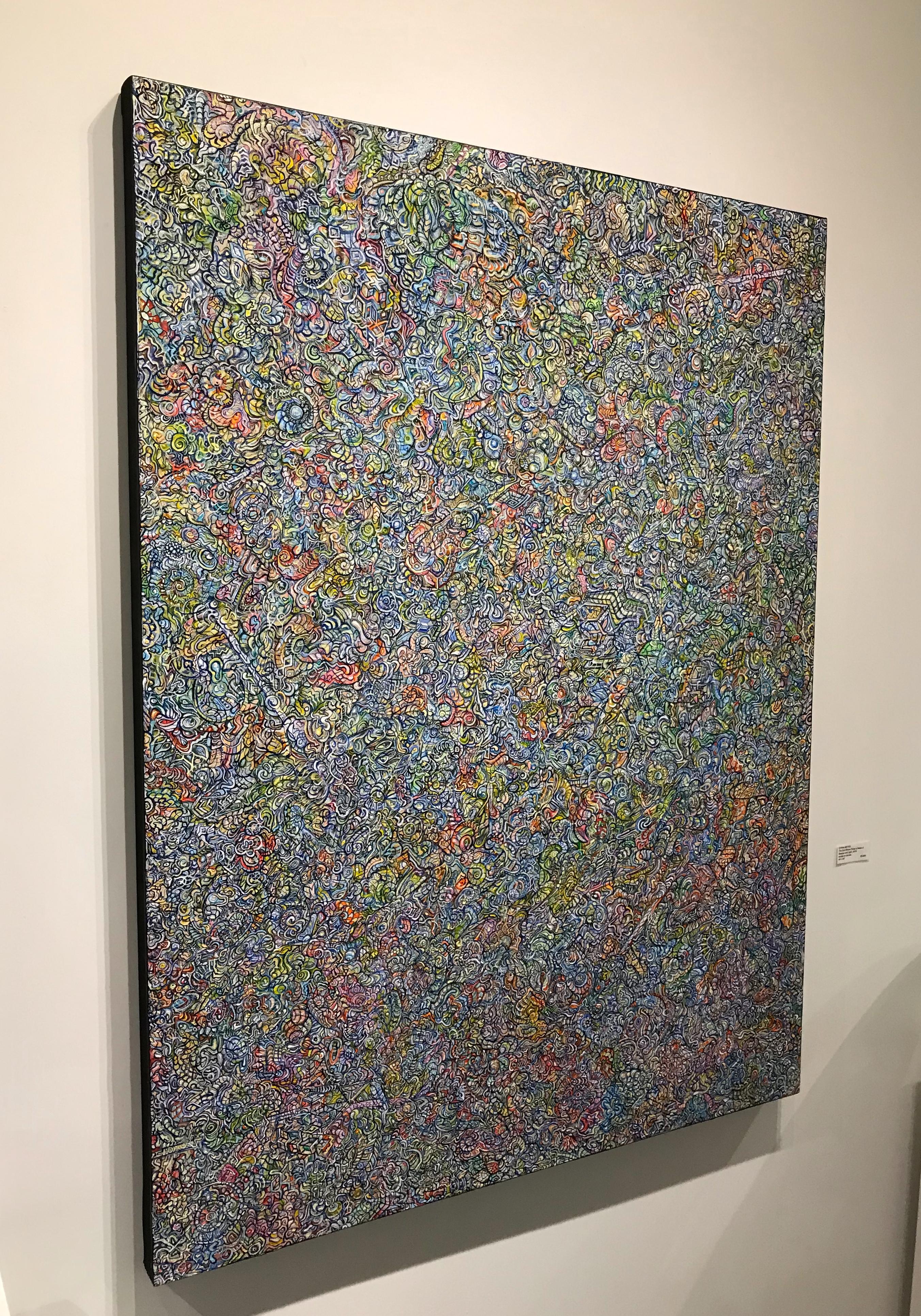 Meyer's work explores themes of esotericism through painting and mixed media sculpture.  Utilizing a maximalist approach, the overall effect is of a space that is both rhythmic and organic. Using markings that are geometric and spatially dense,