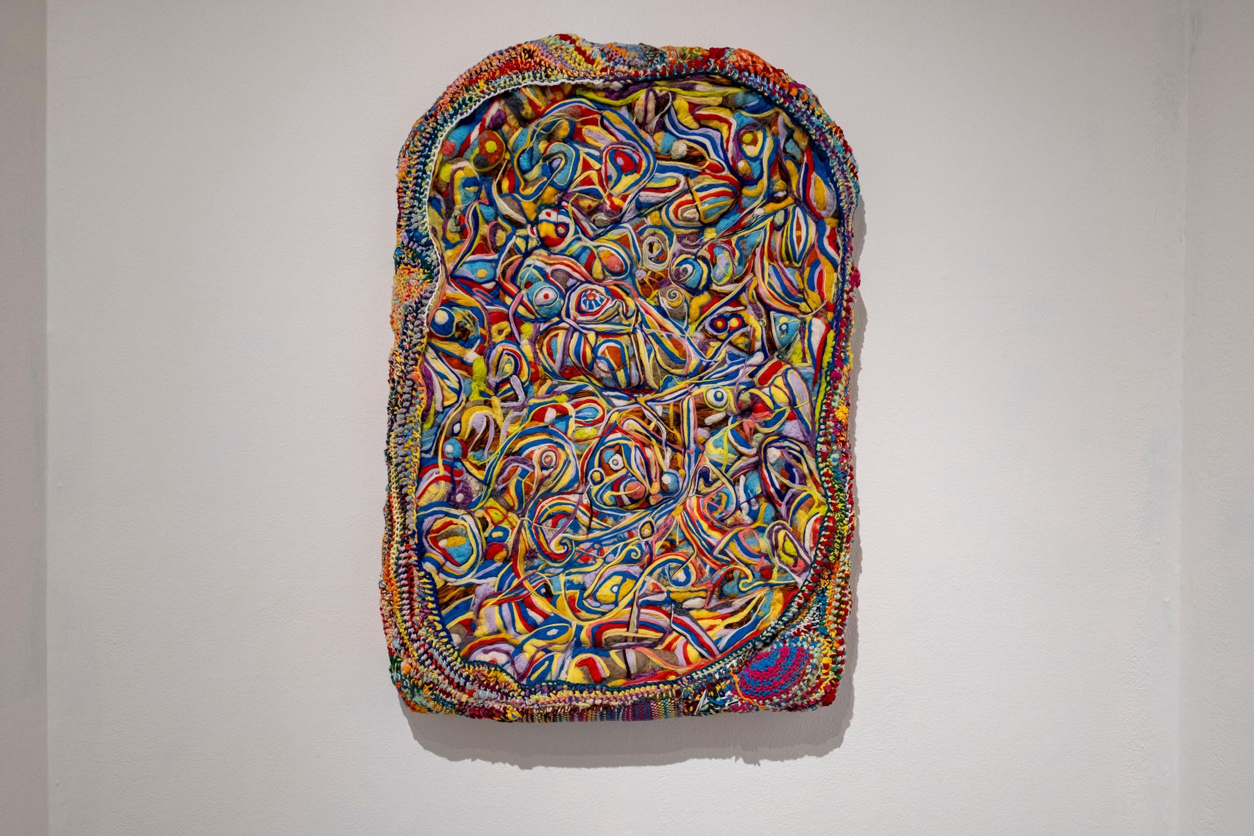 Contemporary Fiber Art, Needle Felted "Painting" with Hand Stitched Wrapped Edge