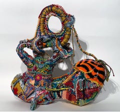 Hand Made, Sculpture abstraite en fibre tissée et crochetée, fil, feutre, techniques mixtes