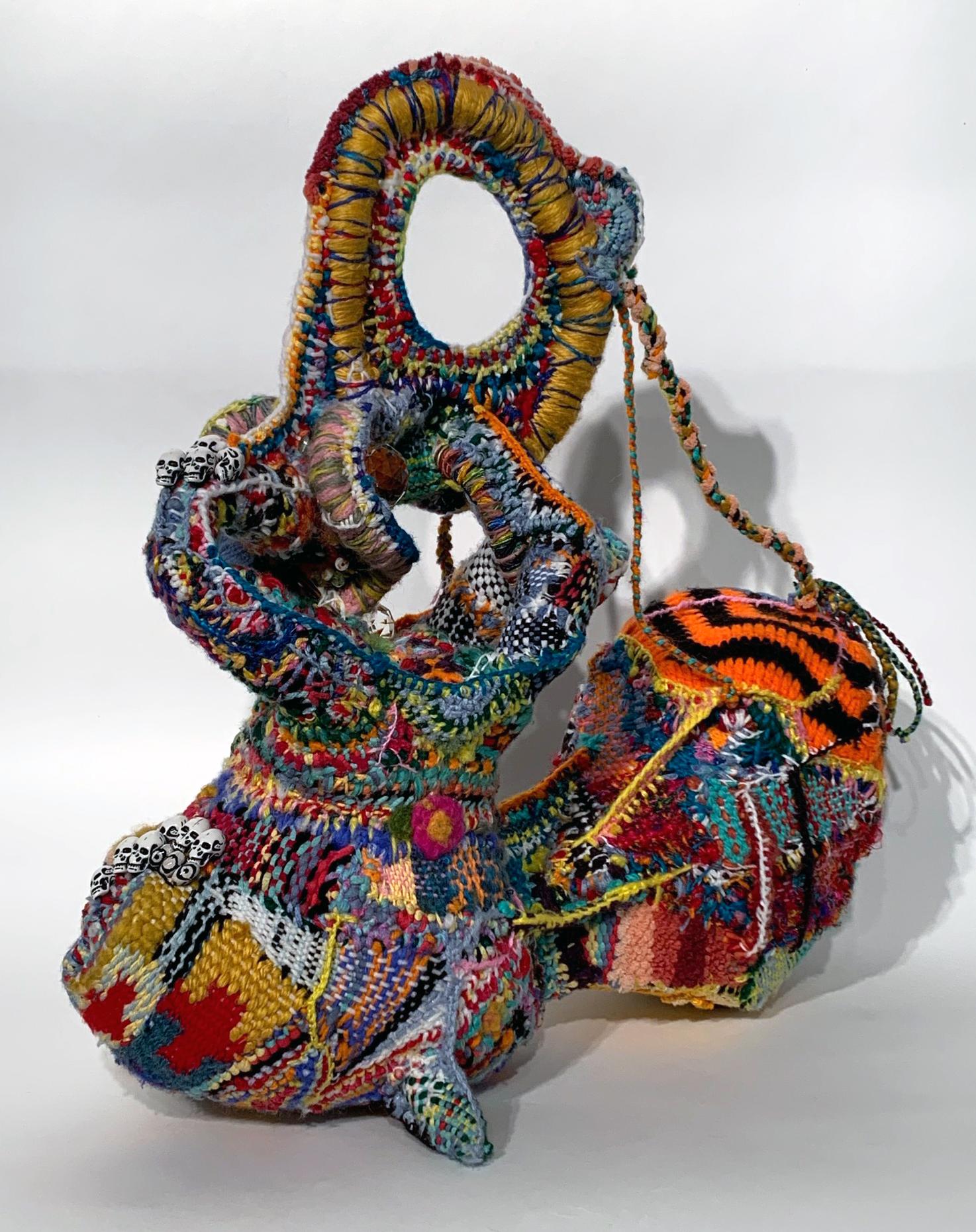"Psychopomp", Hand Woven Abstract Fiber Sculpture, Yarn, Felt, Mixed Media