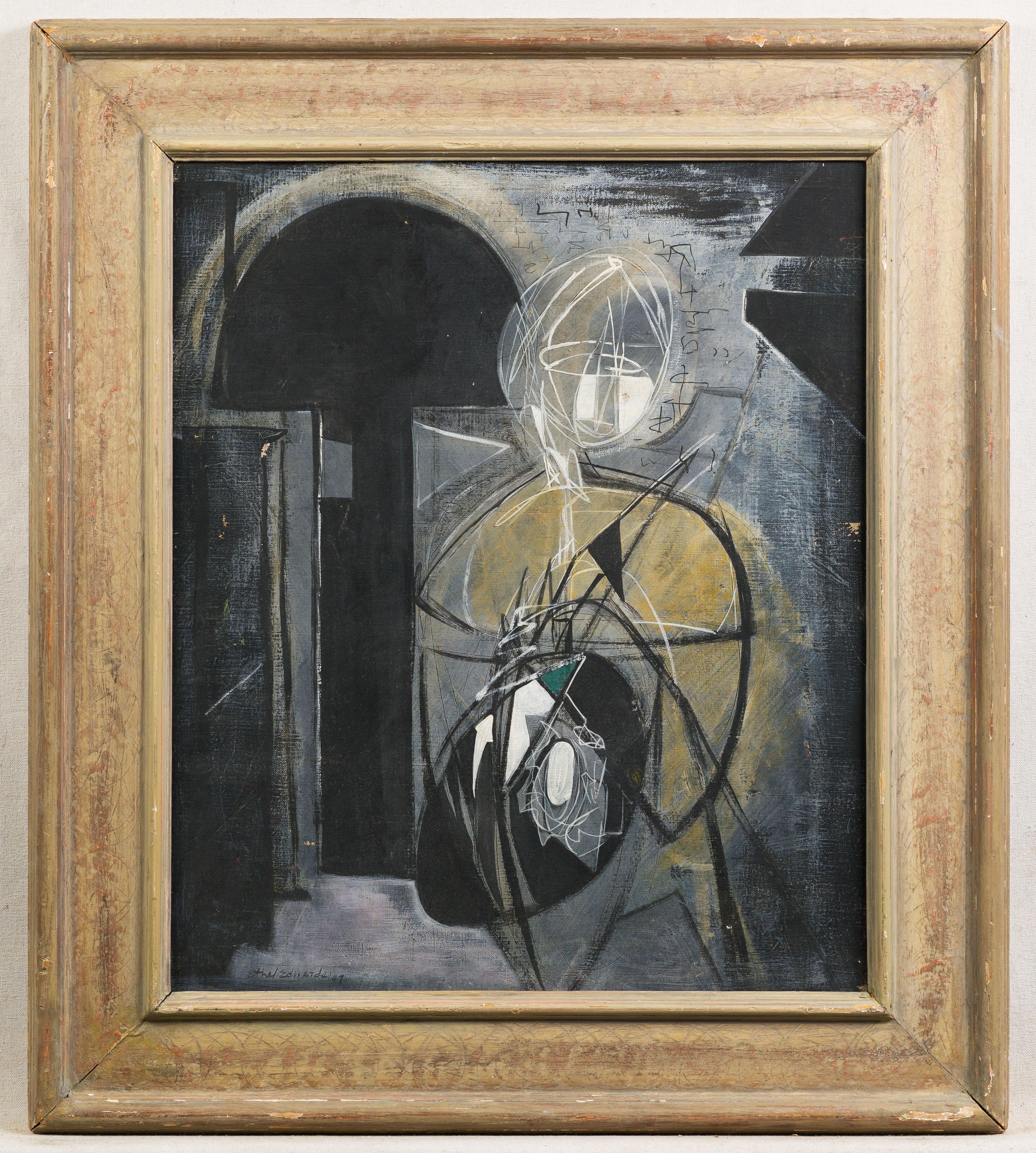 Vintage exhibited American modernist female abstract oil painting.  Oil on canvas.  Framed in a wonderful period frame.  Image size, 24H x 20L.  Titled 
