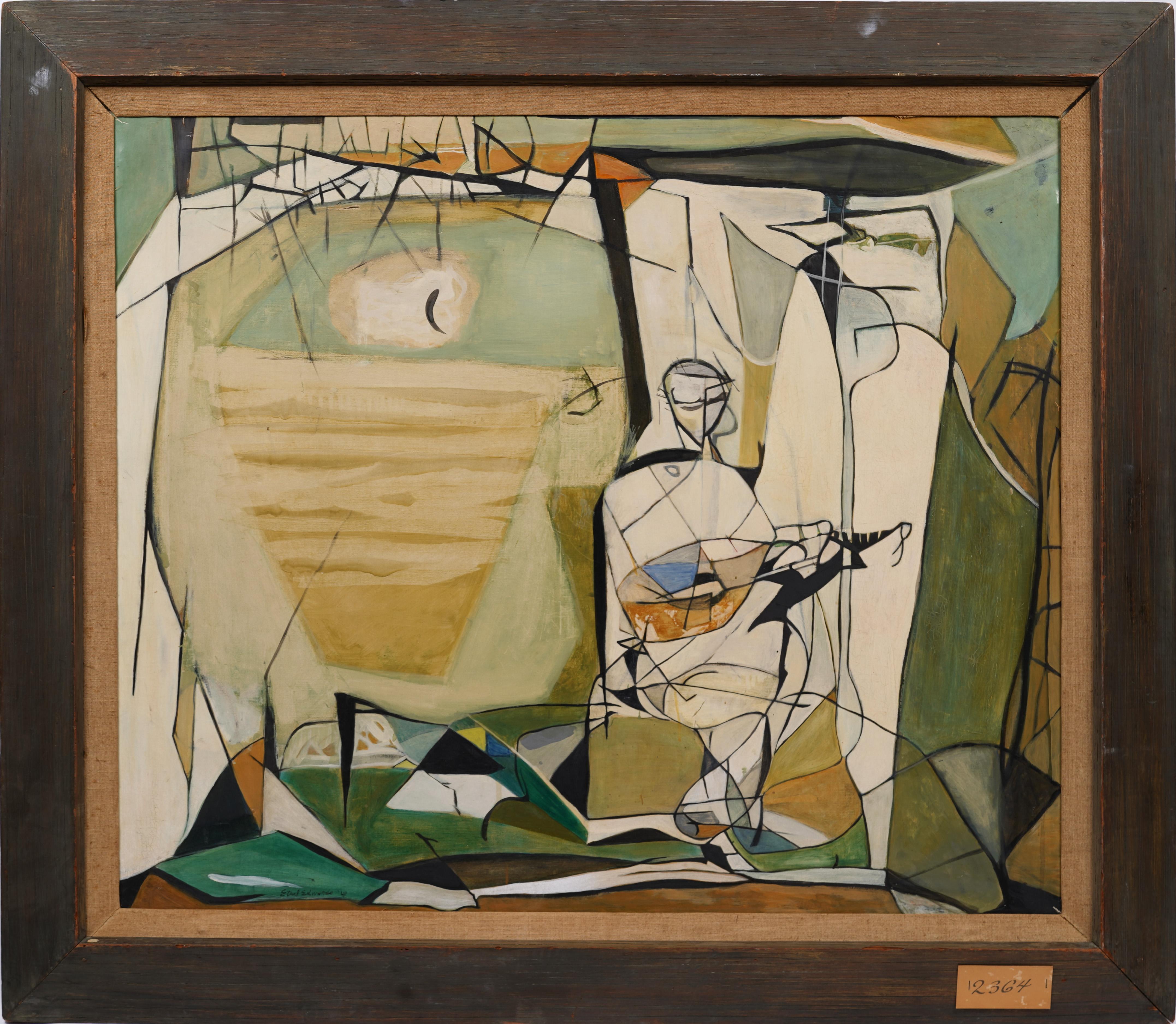 Antico quadro ad olio americano modernista astratto cubista firmato e incorniciato in mostra - Painting di Ethel Edwards