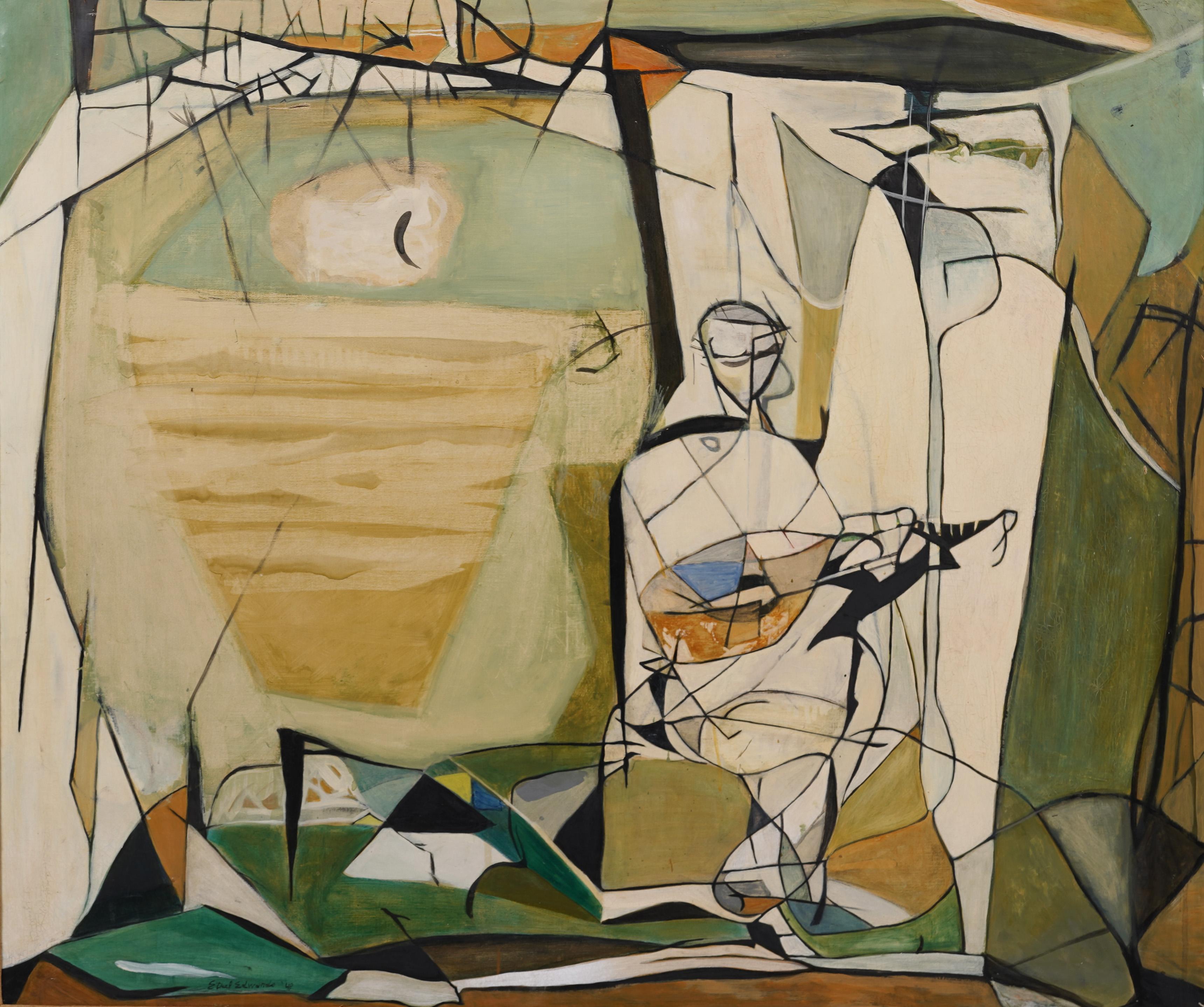 Antico quadro ad olio americano modernista astratto cubista firmato e incorniciato in mostra - Painting Cubismo di Ethel Edwards