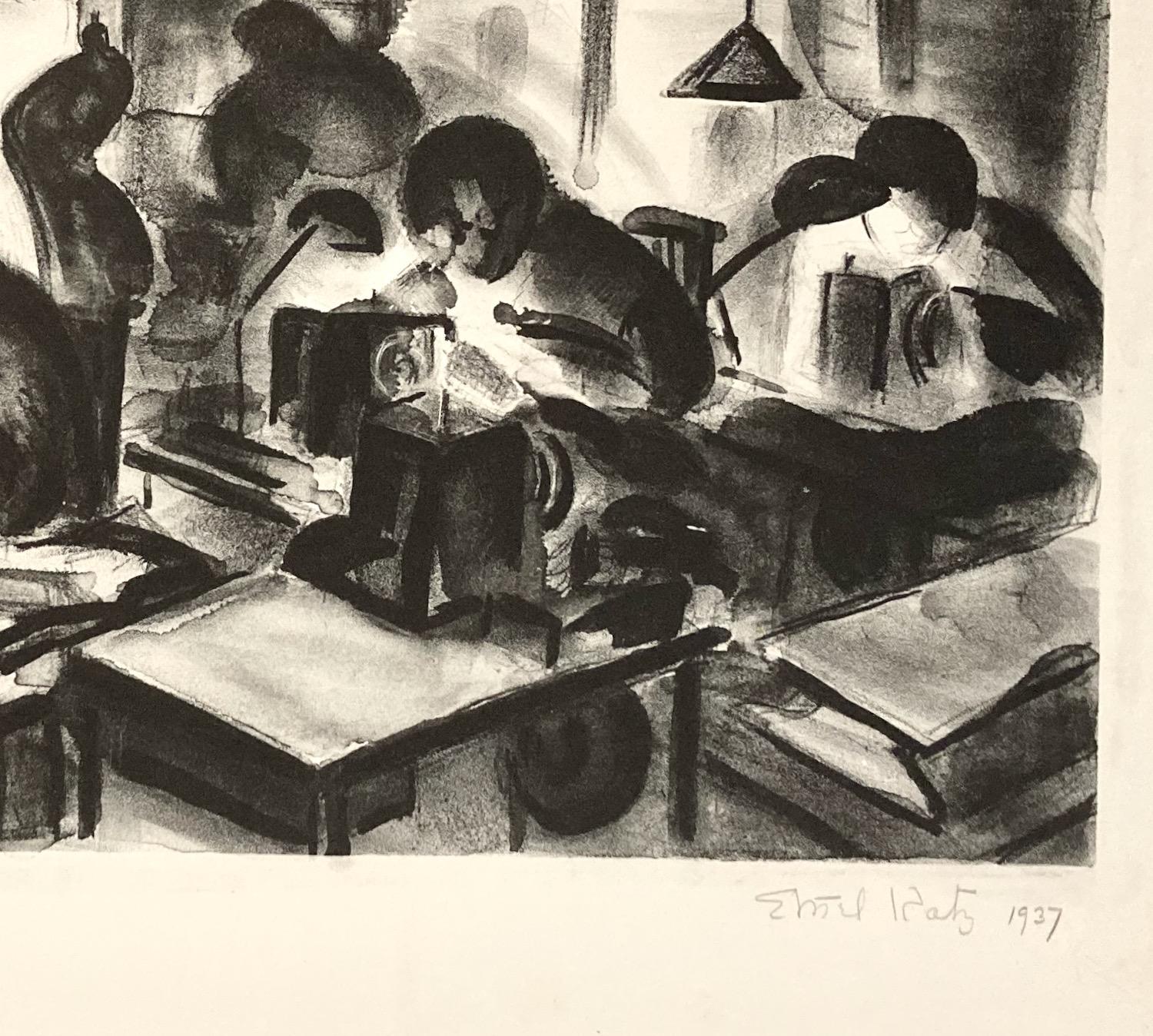 Ethel Katz, Fur Sources, litografía de un taller clandestino de la época del New Deal. - Figurative Print Negro de Ethel katz