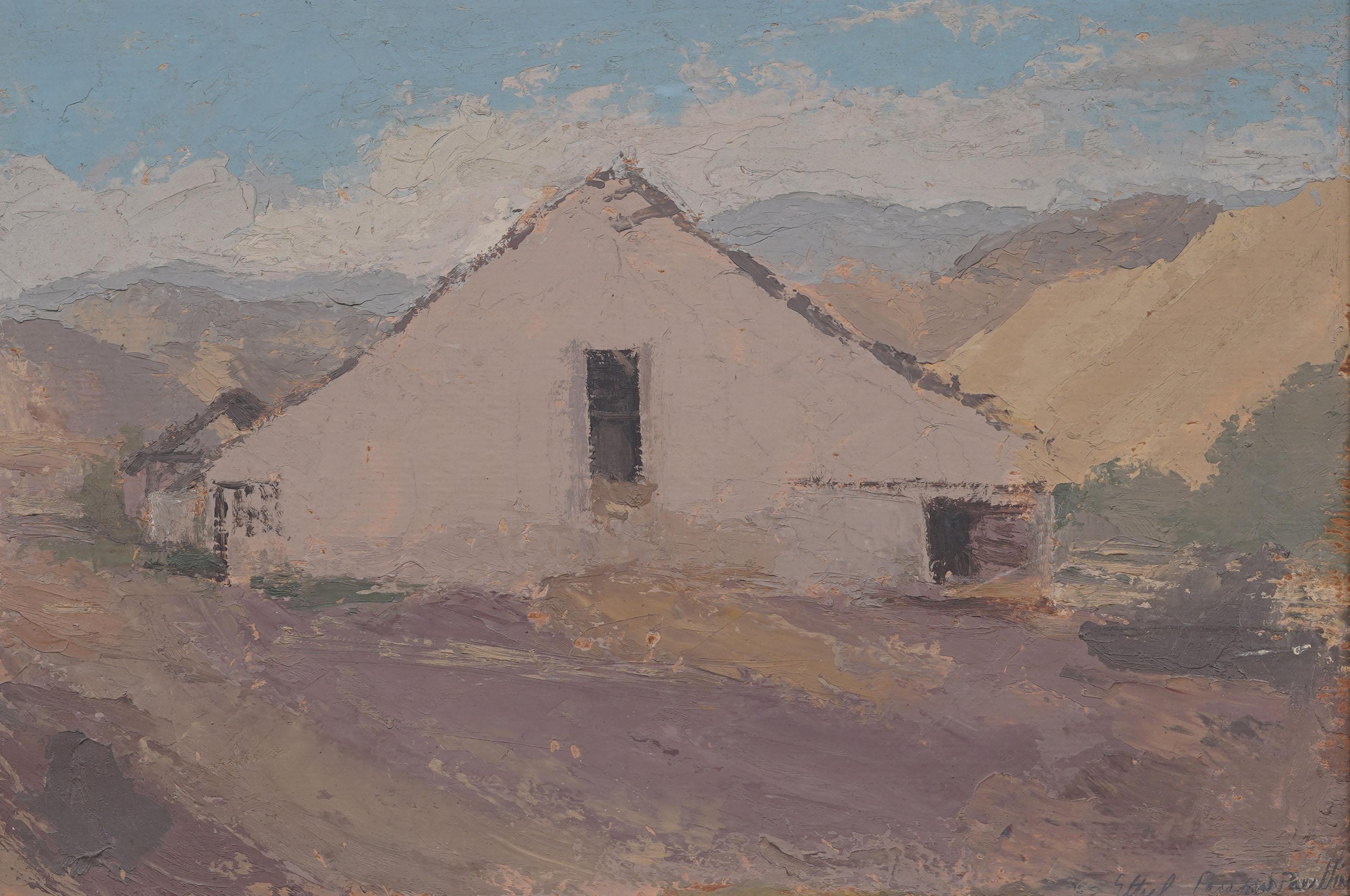 Antiguo paisaje impresionista californiano Pintura al óleo moderna enmarcada y firmada - Landscape Painting Gris de Ethel M. Parsons (Telford) Paullin 