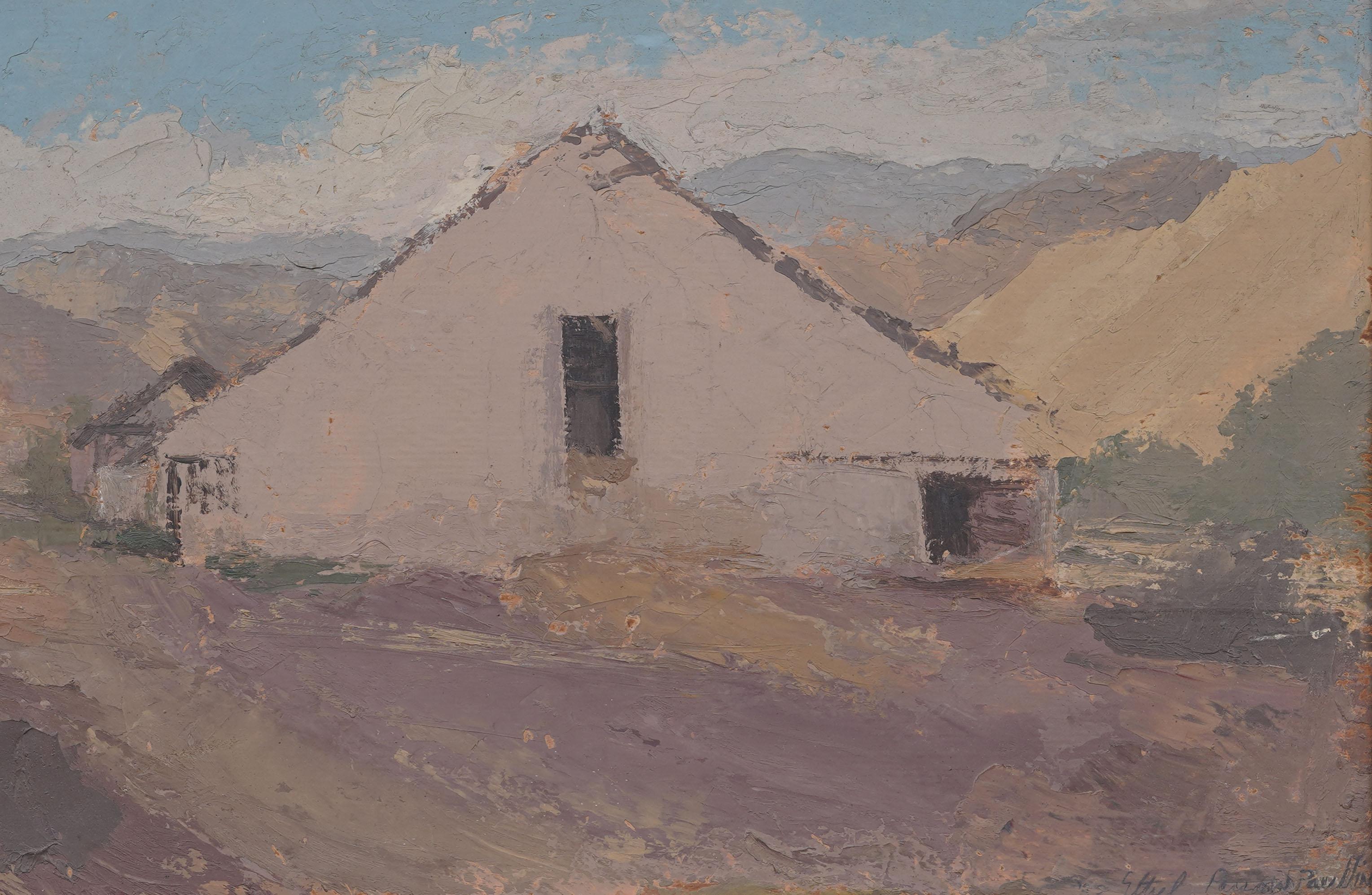 Pintura al óleo vintage de paisaje modernista estadounidense. Óleo sobre tabla. Enmarcado. Firmado.  Mide 13 por 17 pulgadas en total, y 9,5 por 13,5 pintando solo.  En excelente estado original. Bellamente enmarcada en una amplia moldura de madera