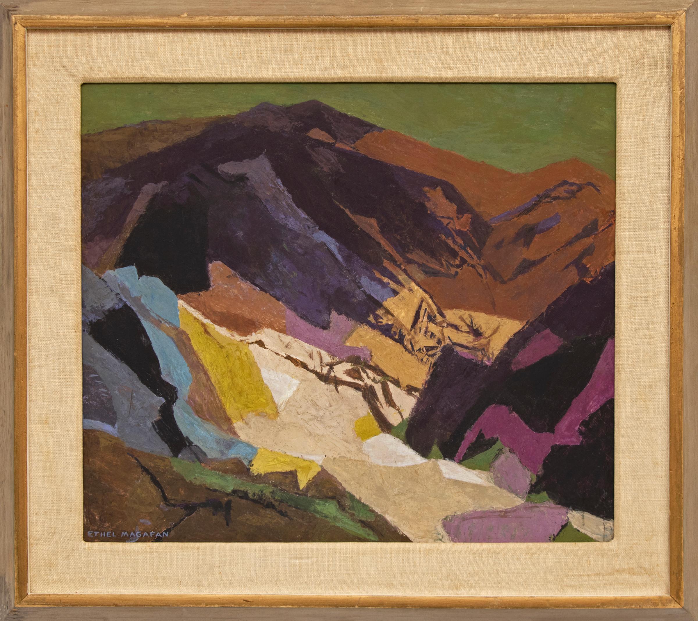 Distant Country (Semi-Abstract Mountain Landscape: Purple, Gold, Green, Brown) - Painting by Ethel Magafan