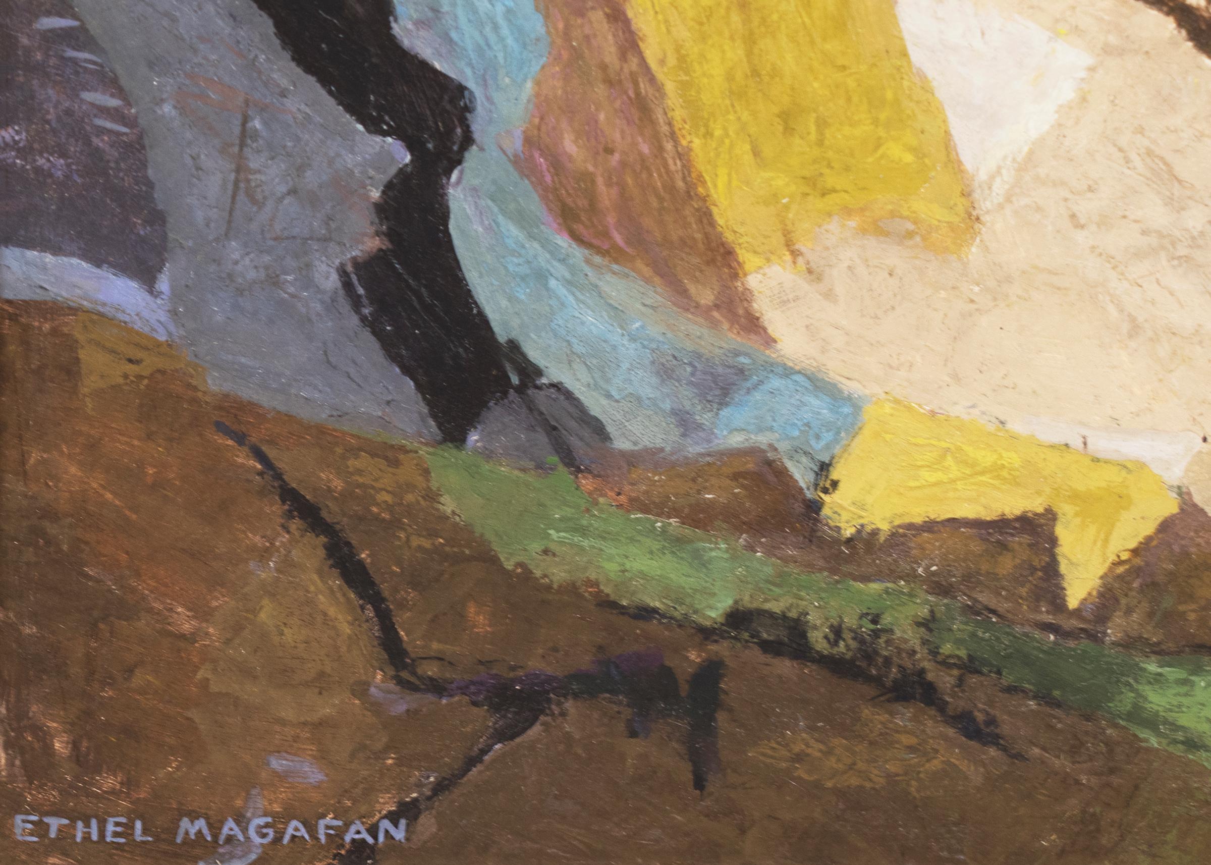 Distant Country (Semi-Abstract Mountain Landscape: Purple, Gold, Green, Brown) - American Modern Painting by Ethel Magafan