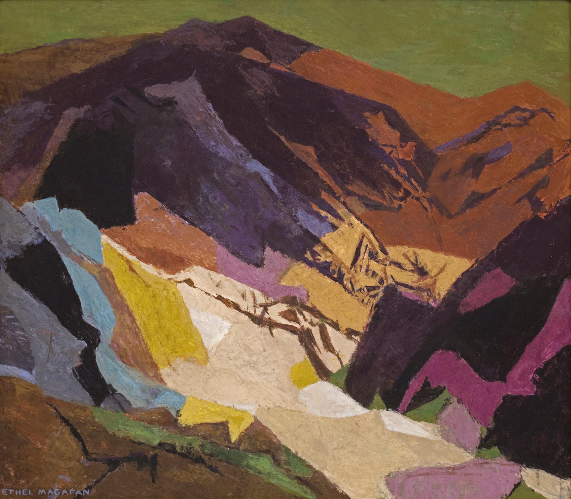 Ethel Magafan Abstract Painting - Distant Country (Semi-Abstract Mountain Landscape: Purple, Gold, Green, Brown)