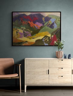 End of the Meadow, 1970s Abstract Colorado Mountain Landscape Tempera Painting