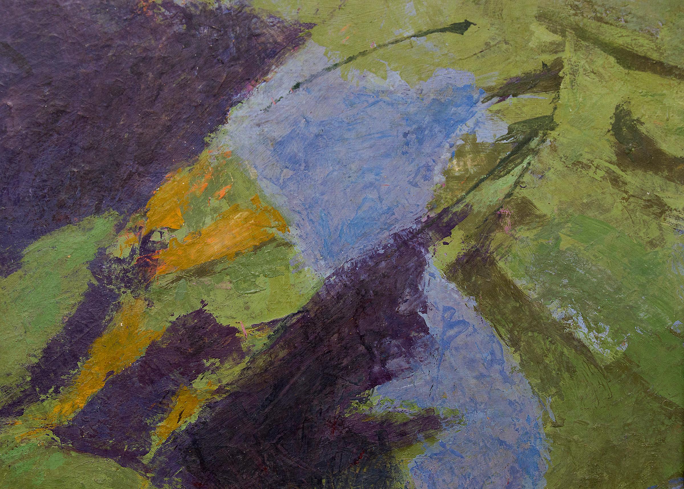 End of the Meadow, original vintage 1970s painting by Colorado/Woodstock, NY woman artist, Ethel Magafan (1916-1993), semi Abstract Colorado Mountain Landscape, tempera on masonite in colors of yellow, gold, green, purple, blue, red and orange.