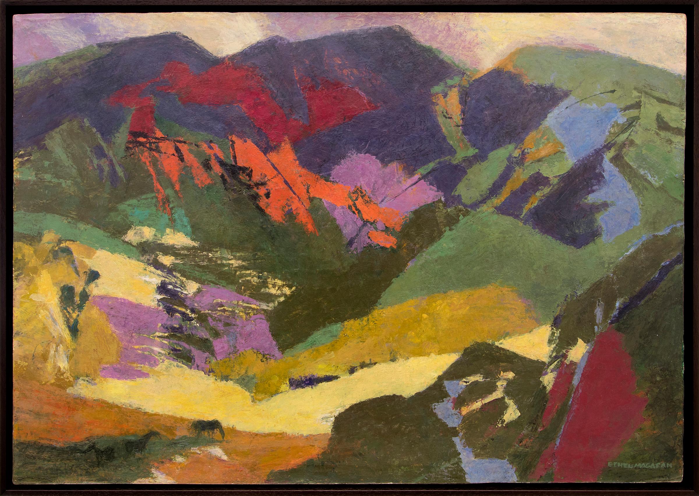 Ethel Magafan Abstract Painting - End of the Meadow, 1970s Abstract Colorado Mountain Landscape Tempera Painting