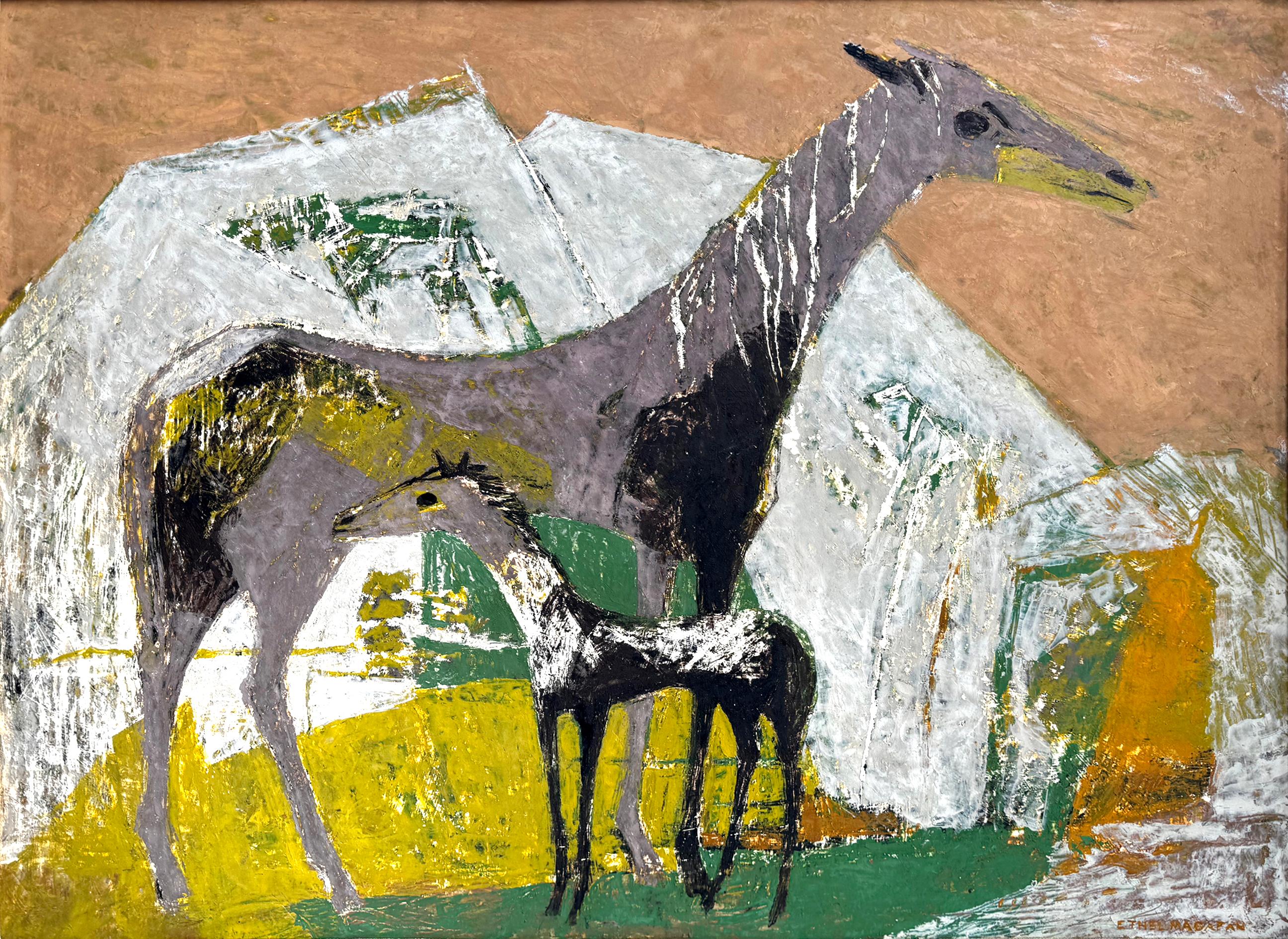 Pferd und Hengstfohlen in abstrakter Landschaft  - Reitsport – Painting von Ethel Magafan