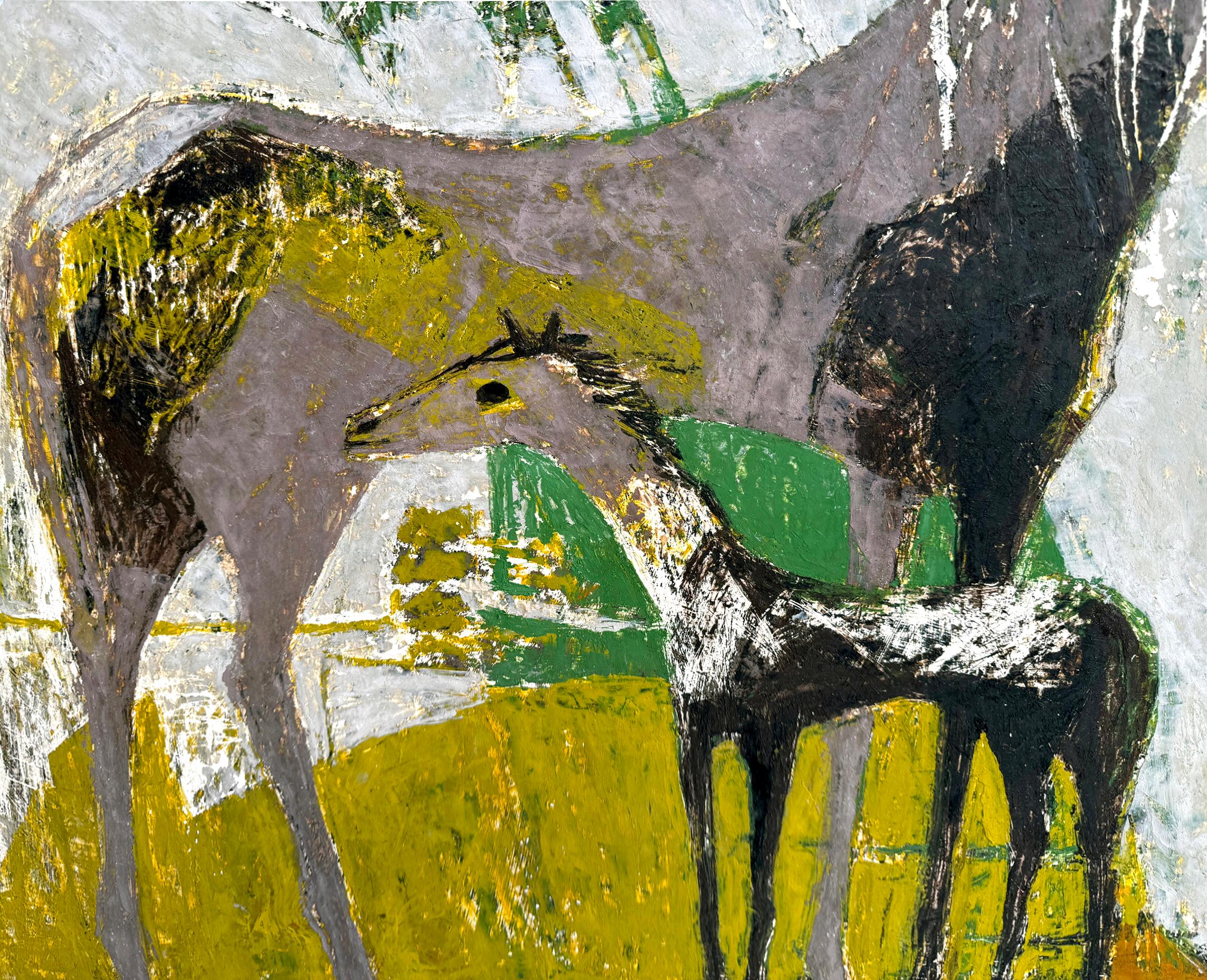 Pferd und Hengstfohlen in abstrakter Landschaft  - Reitsport (Braun), Landscape Painting, von Ethel Magafan