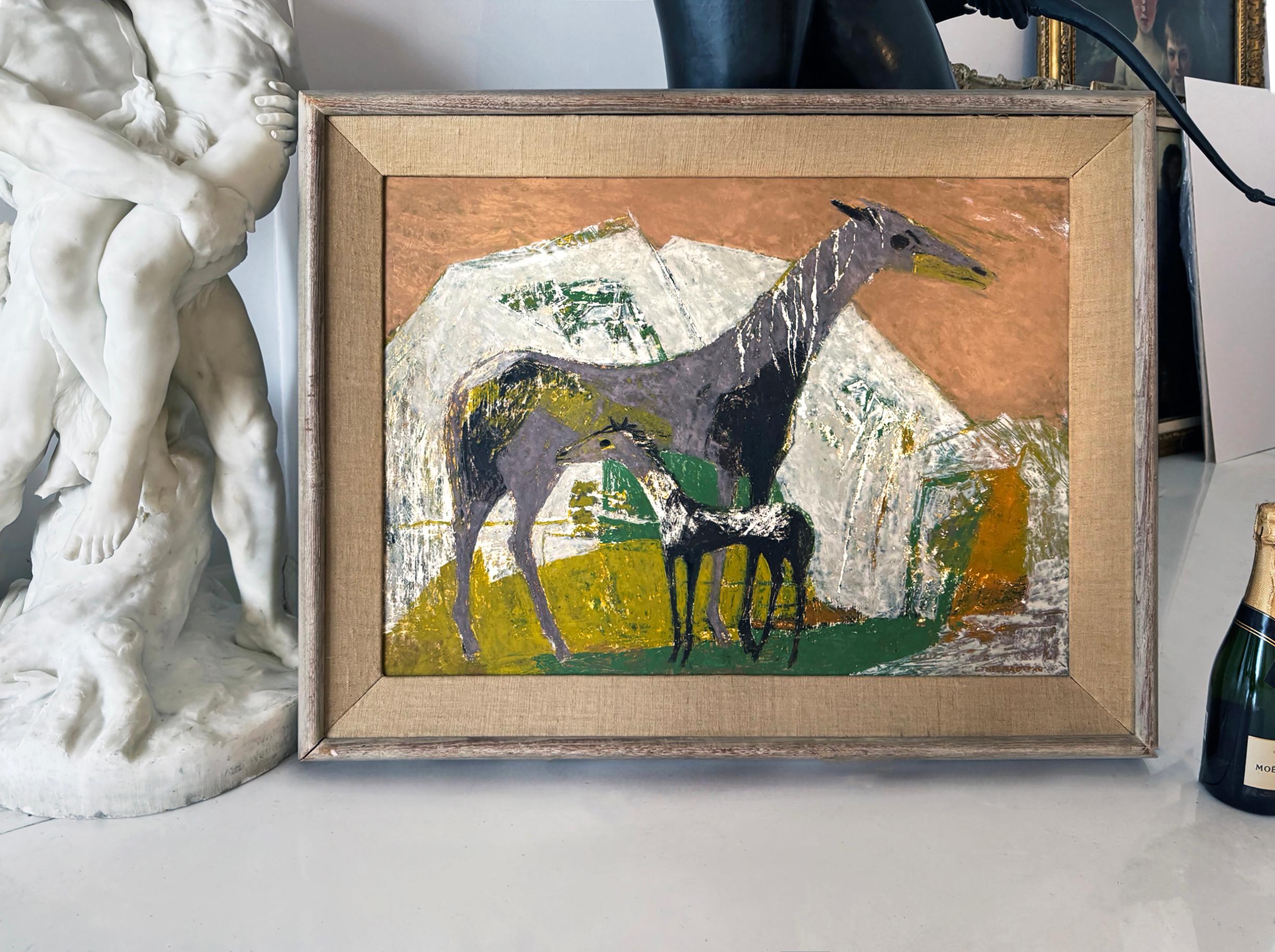 Pferd und Hengstfohlen in abstrakter Landschaft  - Reitsport im Angebot 1