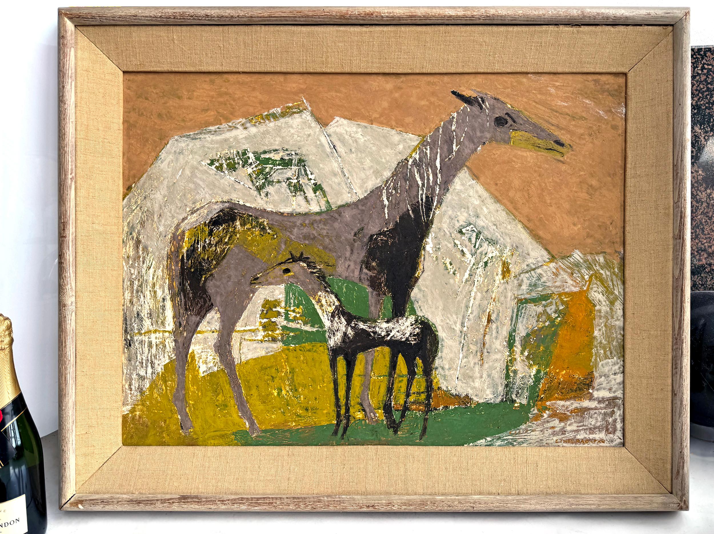 Pferd und Hengstfohlen in abstrakter Landschaft  - Reitsport