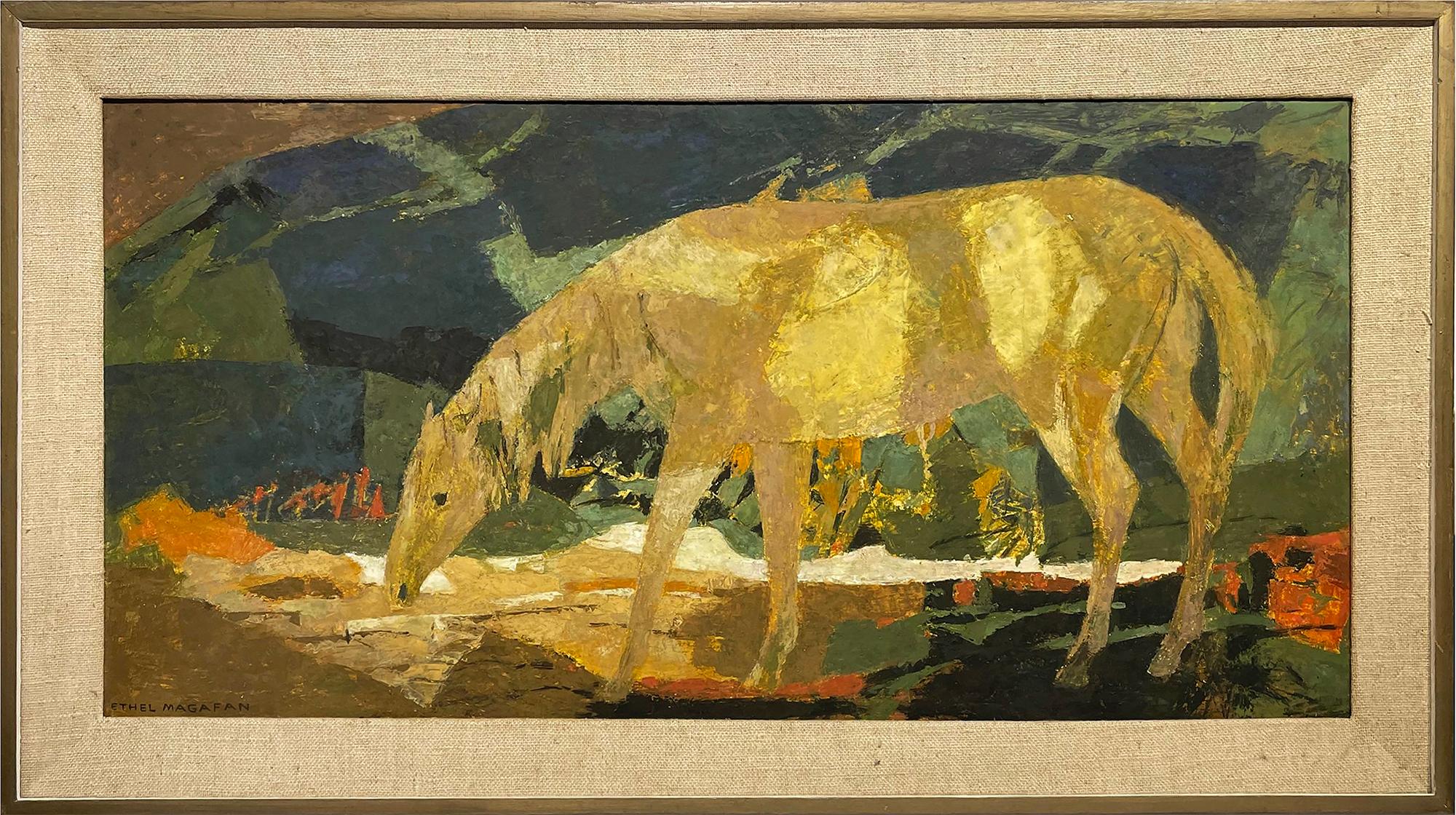 Einsames Pferd in abstrakter Landschaft – Painting von Ethel Magafan