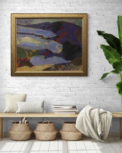 Peinture de paysage de montagne semi-abstrait Tempera, nuages du matin, années 1970