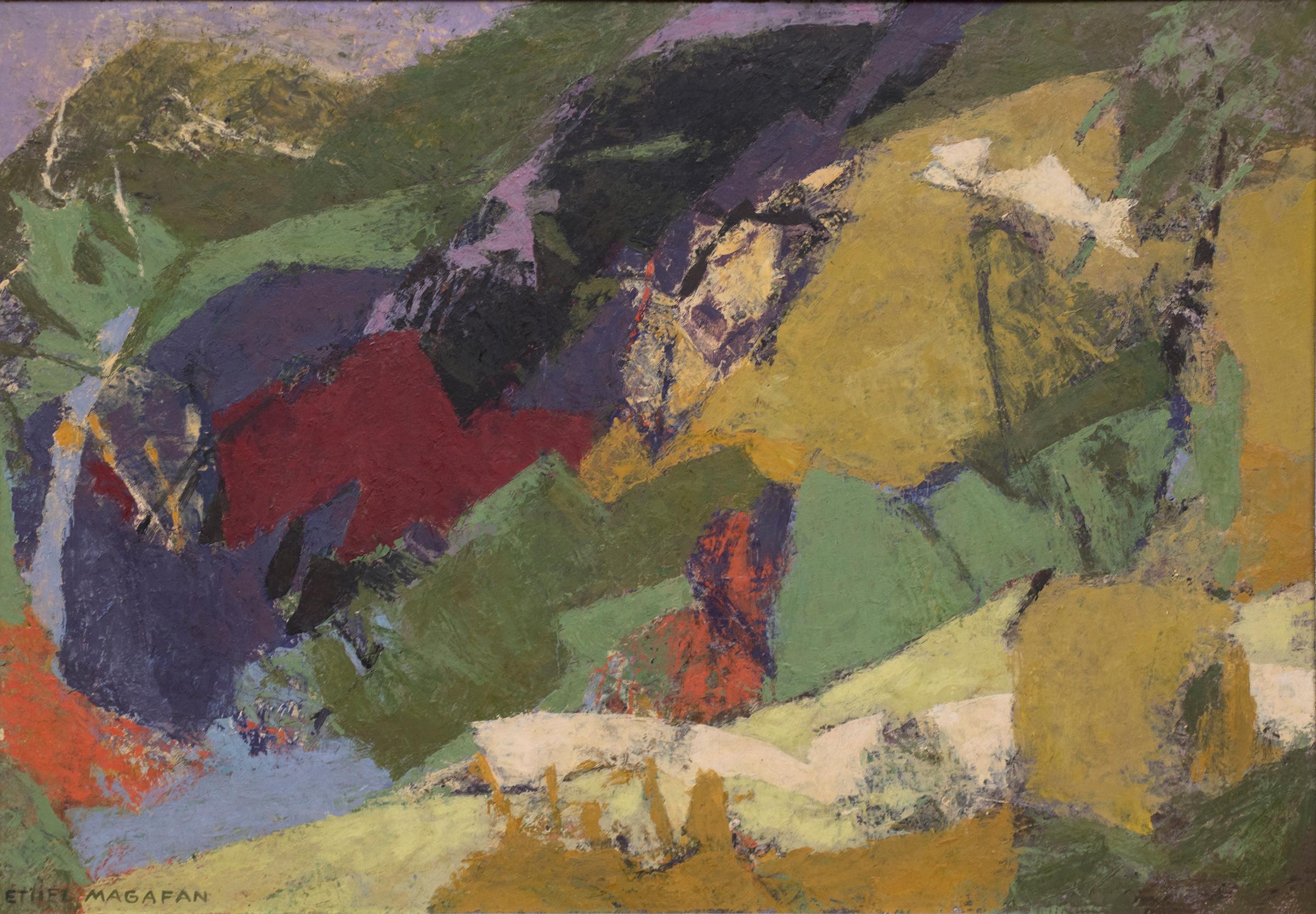 Mountain Lake (Abstract Colorado Landscape in Green, Gold, Red, Purple, Orange) - Painting by Ethel Magafan