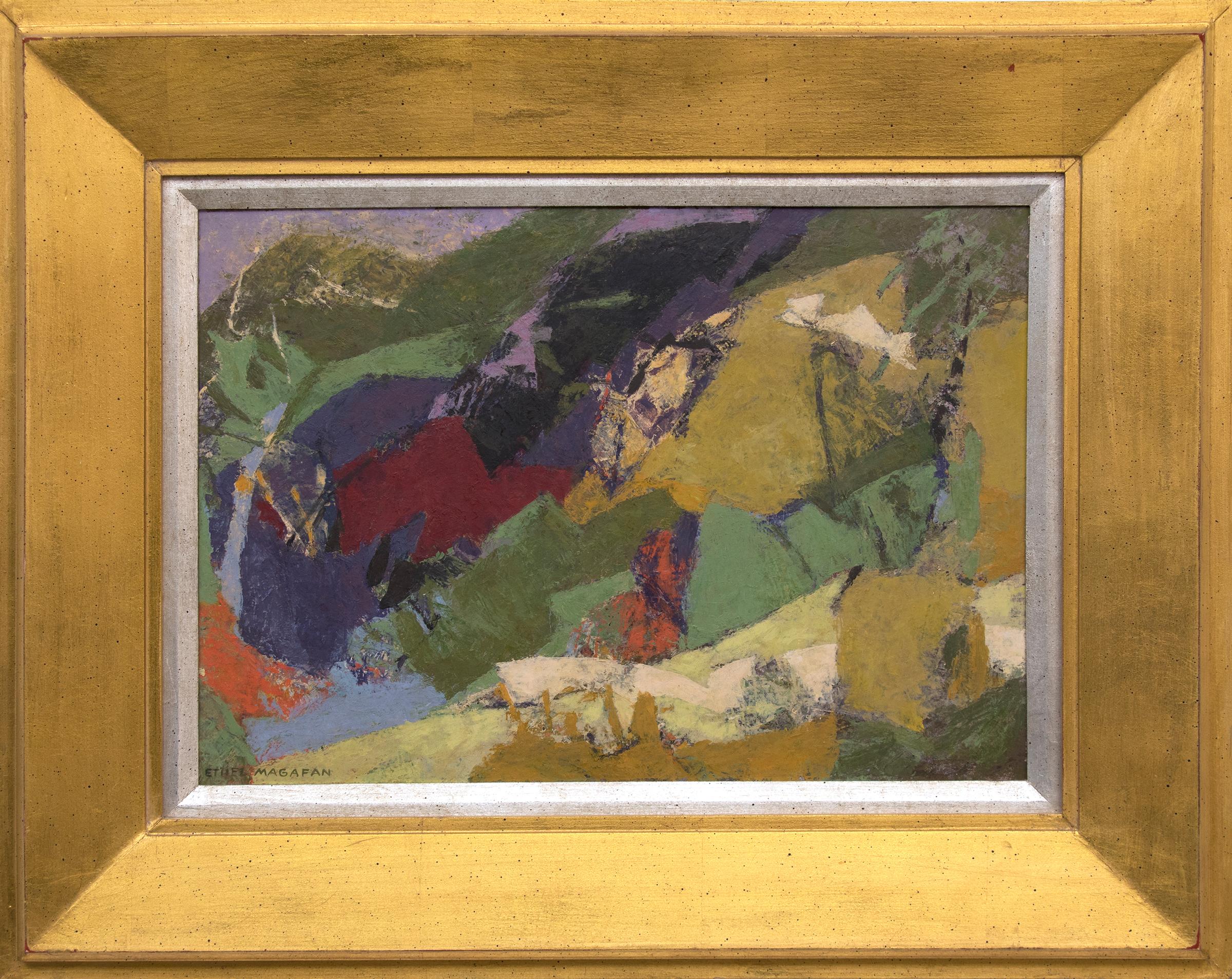 Ethel Magafan Landscape Painting - Mountain Lake (Abstract Colorado Landscape in Green, Gold, Red, Purple, Orange)