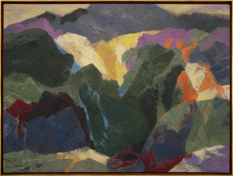 Original semi-abstract/modernist painting of Mount Sopris by Colorado & Woodstock, NY mid-twentieth century woman artist, Ethel Magafan (1916-1993). Mt. Sopris is located near Aspen and Carbondale in Colorado. Presented in a vintage frame, outer