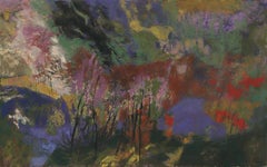 Primavera, pintura al temple de paisaje montañoso modernista semiabstracto de los años 60