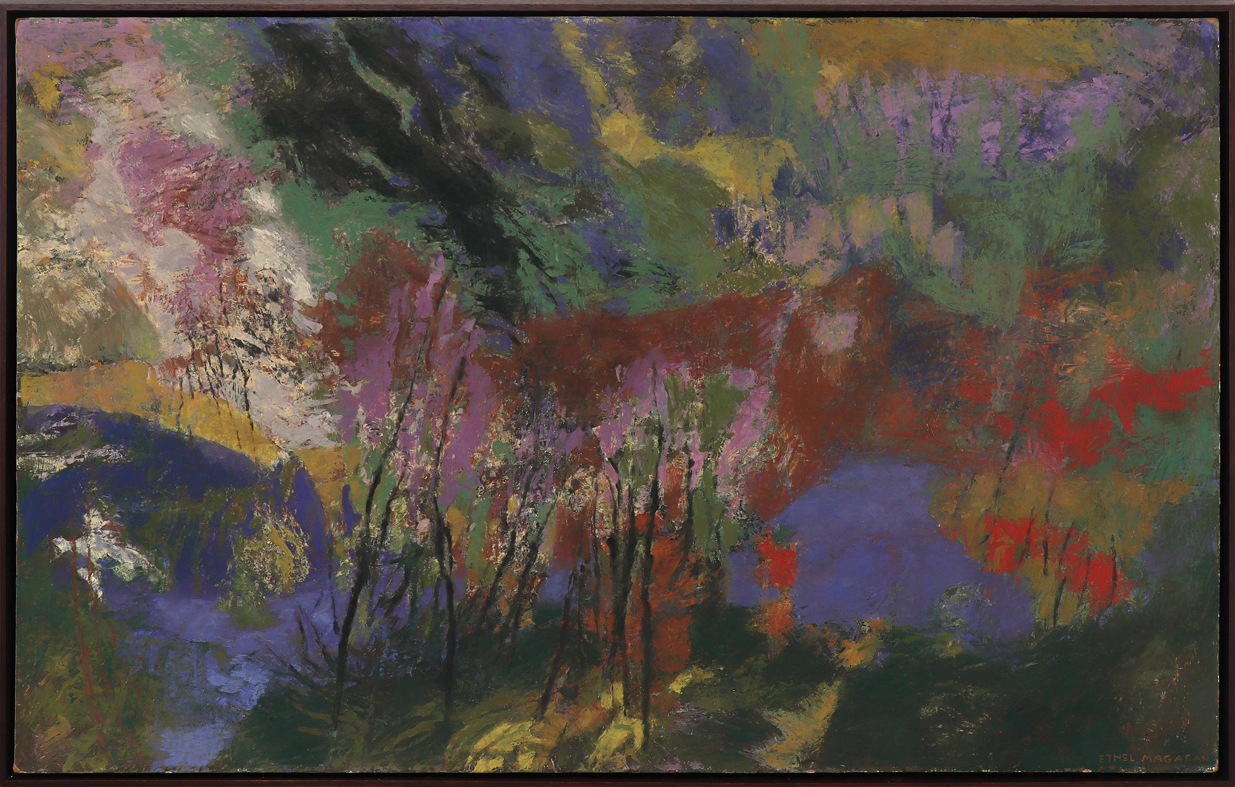 Peinture de paysage de montagne semi-abstrait moderniste Tempera, printemps-été 1960