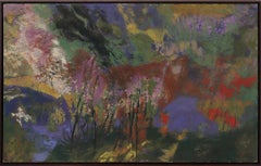 Springtime, Semi Abstract Mountain Landscape Painting, Purple Green Yellow Red
