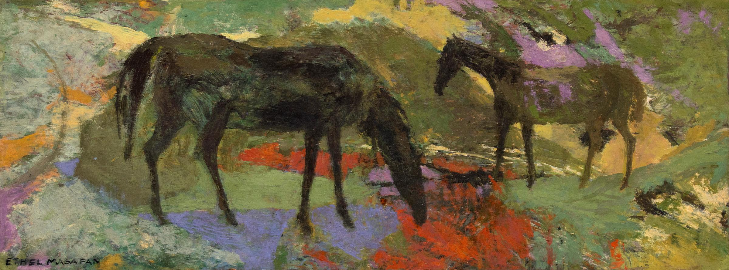Deux chevaux, peinture semi-abstraite de Tempera encadrée, paysage de chevaux figuratifs - Painting de Ethel Magafan