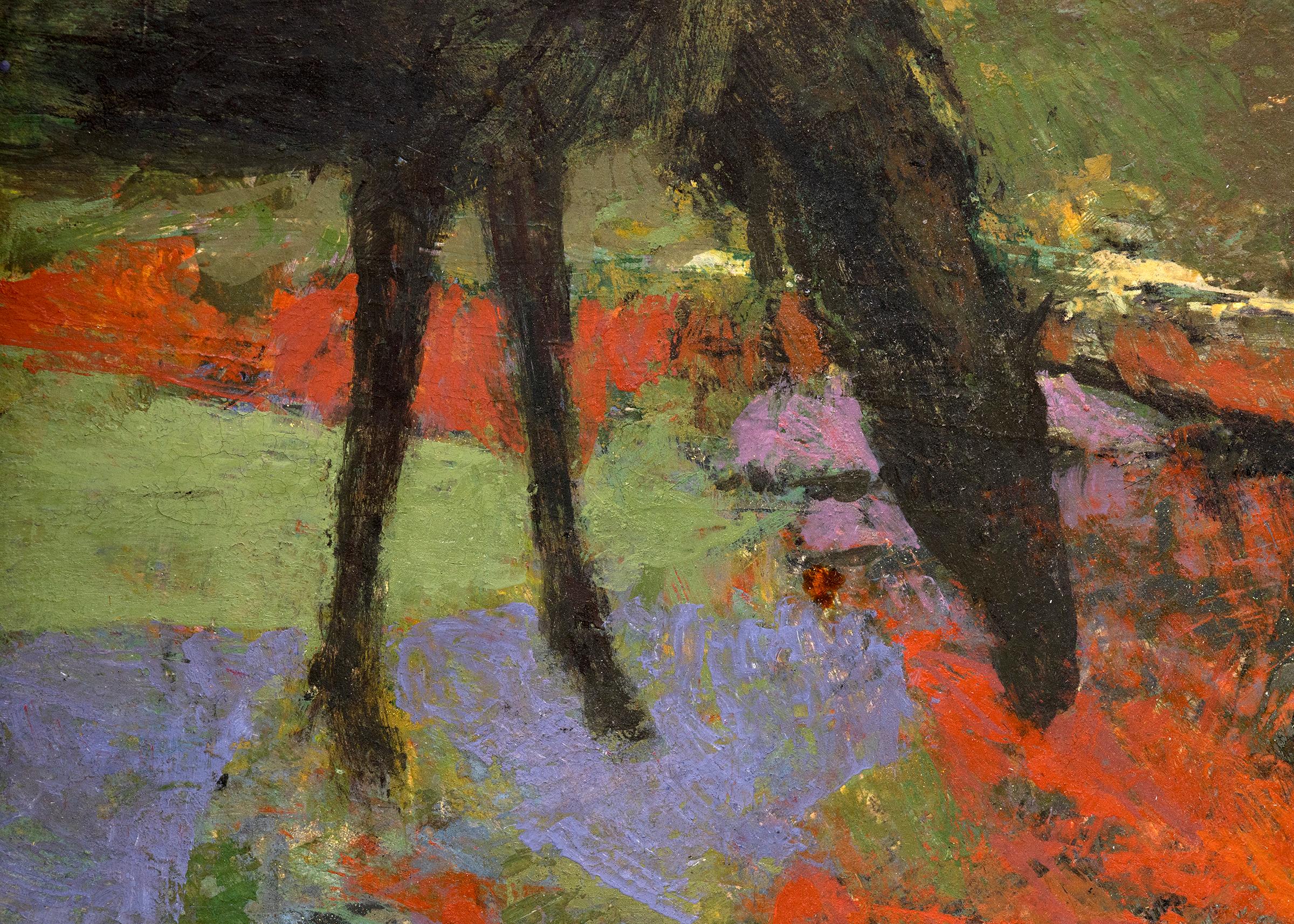 Deux chevaux, peinture semi-abstraite de Tempera encadrée, paysage de chevaux figuratifs - Impressionnisme abstrait Painting par Ethel Magafan