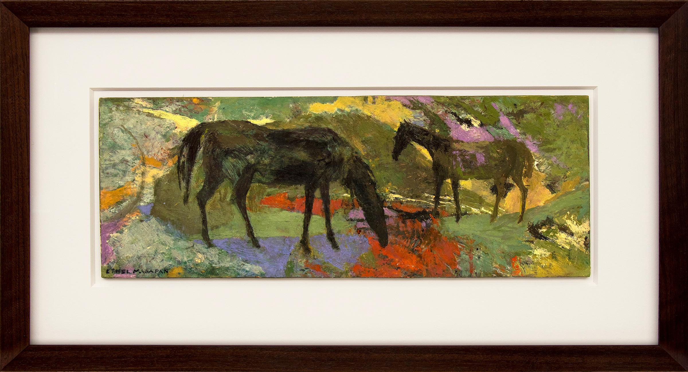 Abstract Painting Ethel Magafan - Deux chevaux, peinture semi-abstraite de Tempera encadrée, paysage de chevaux figuratifs