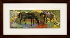 Retro Two Horses, 1960s Framed Semi Abstract Tempera Painting Figural Horses Landscape