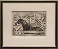 Corralled Horse (Artists Proof), 1940s Framed American Modernist Horse Etching