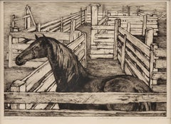 Ethel Magafan “Corralled Horse” 1940s WPA-Era Modernist Etching, Artist’s Proof