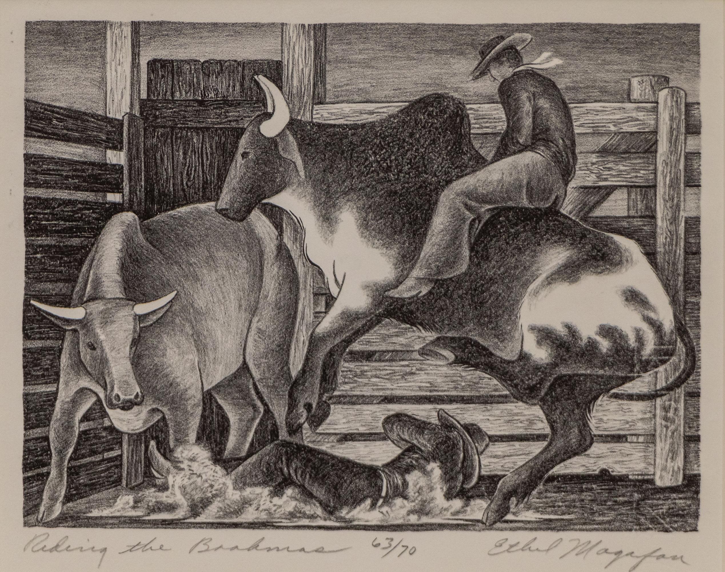Discover the raw energy and bold style of acclaimed Colorado artist Ethel Magafan with this original modernist lithograph titled Riding the Brahmas. This striking mid-20th-century print vividly captures the thrill and tension of a rodeo moment—one