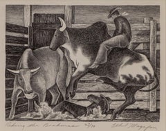 Montar a los Brahmas (Hombre montando un toro) - Litografía original firmada del siglo XX