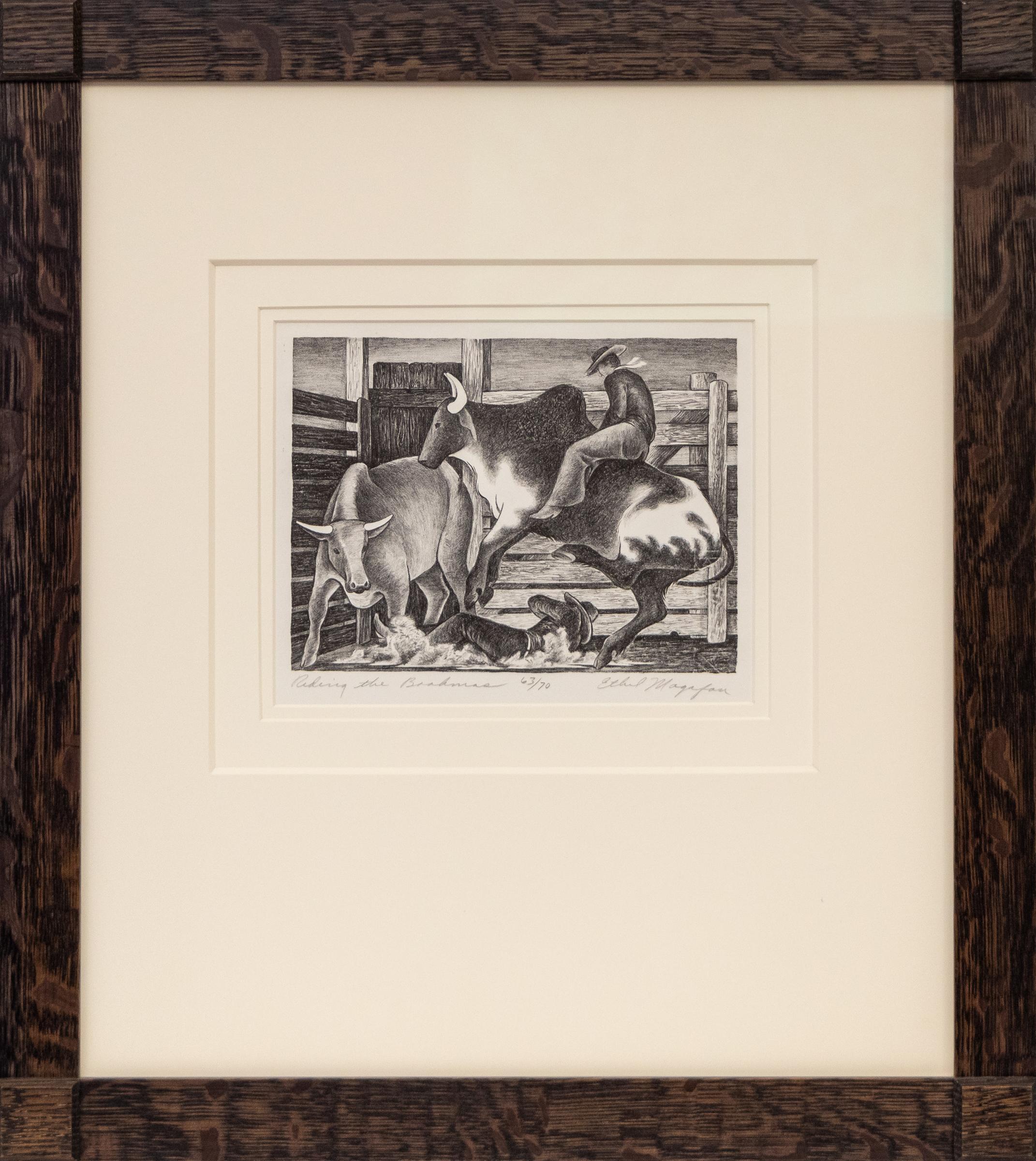 Cavalcare i Brahmas (Uomo che cavalca un toro) - Litografia originale firmata del 20° secolo - Print di Ethel Magafan